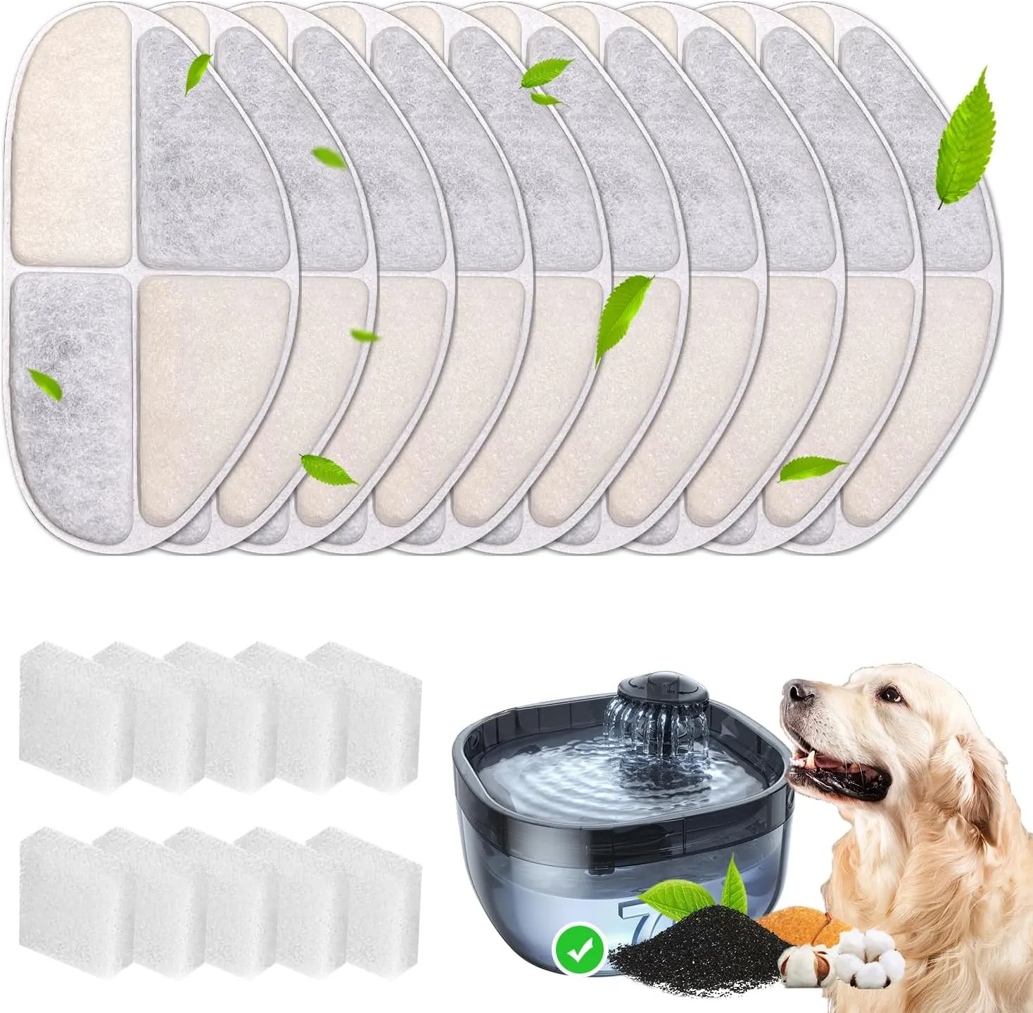 10 Pack Replacement Filters for FEELNEEDY 7L/1.8Gal Dog Water Fountain (FN-W05), 5 Month Set for Large Dogs Water Bowl Dispenser, Includes 10 Filters & 10 Sponges