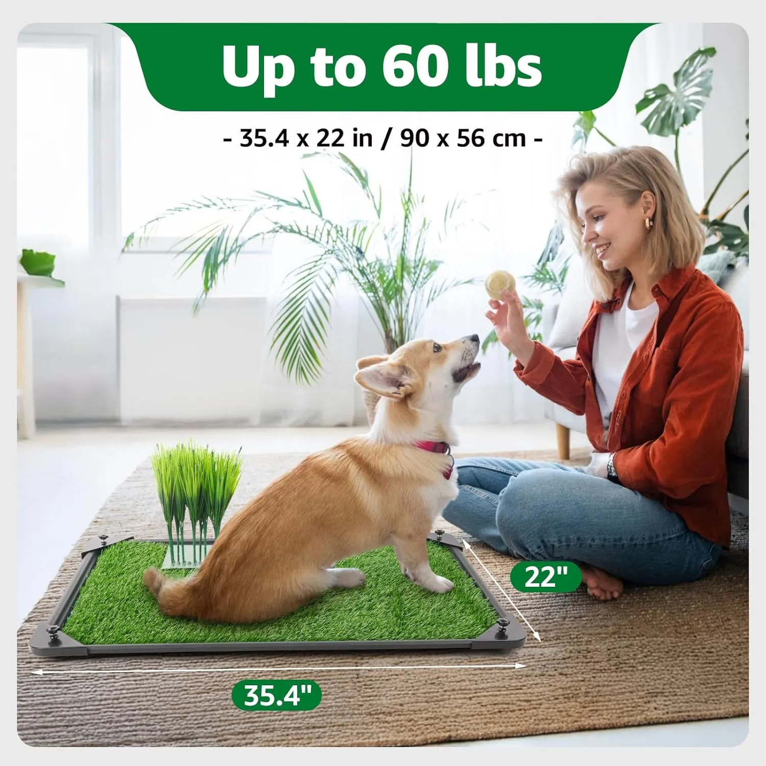 35.4" x22 Indoor Dog Potty System with Artificial Grass & Pee Post - Reusable Washable Puppy Pad Turf for Balcony, Patio, Travel - Puppy Training Essentials for Small Medium Dogs
