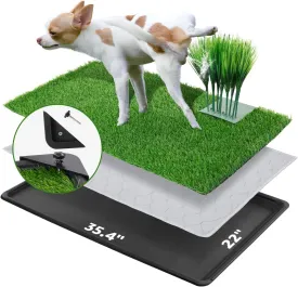 35.4" x22 Indoor Dog Potty System with Artificial Grass & Pee Post - Reusable Washable Puppy Pad Turf for Balcony, Patio, Travel - Puppy Training Essentials for Small Medium Dogs