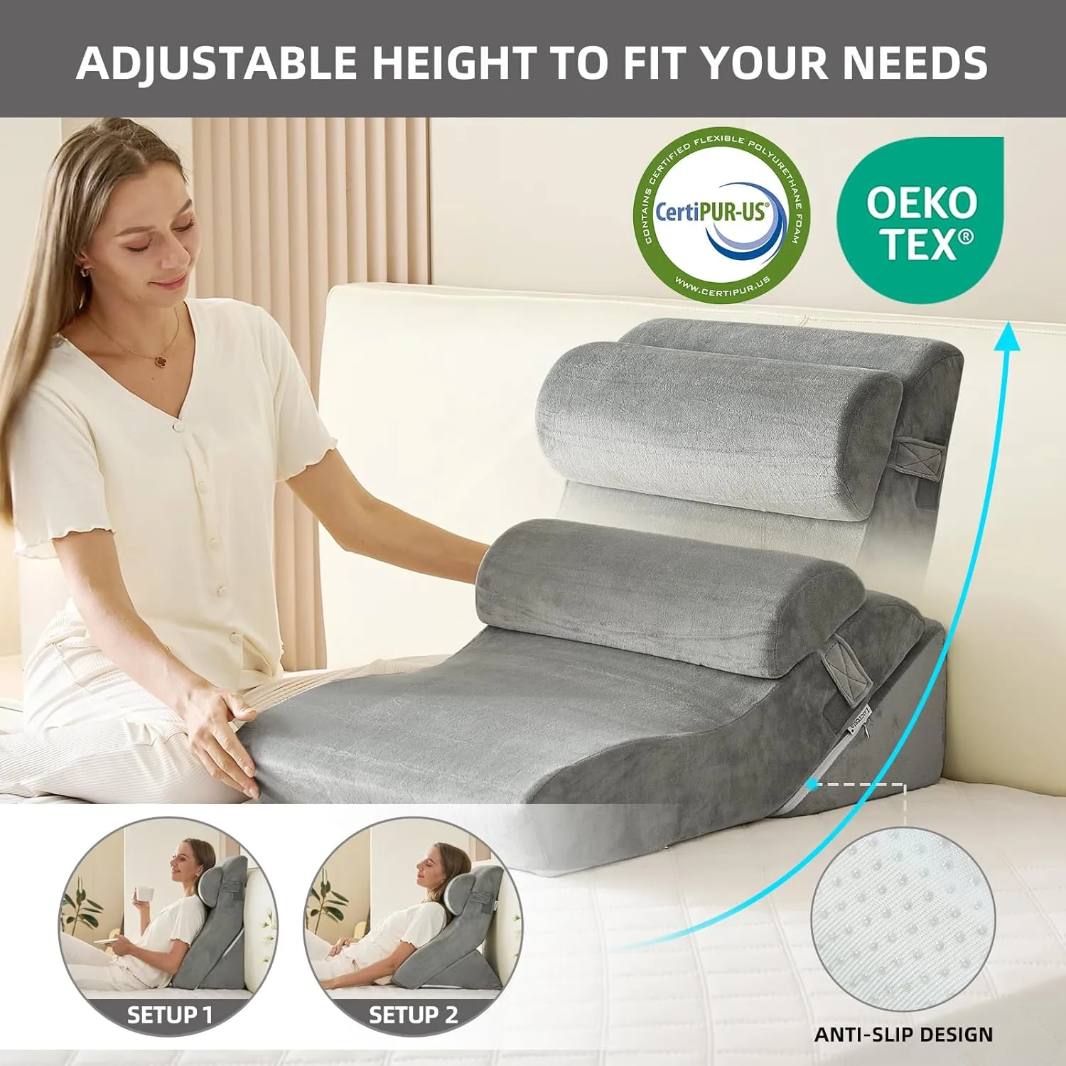 3PCS Orthopedic Bed Wedge Pillow Set, 45D Memory Foam Wedge Pillow Post Surgery for Back, Leg and Knee Support, Wider Adjustable Triangle Pillow Set for Sleeping, Acid Reflux, Anti-Snoring