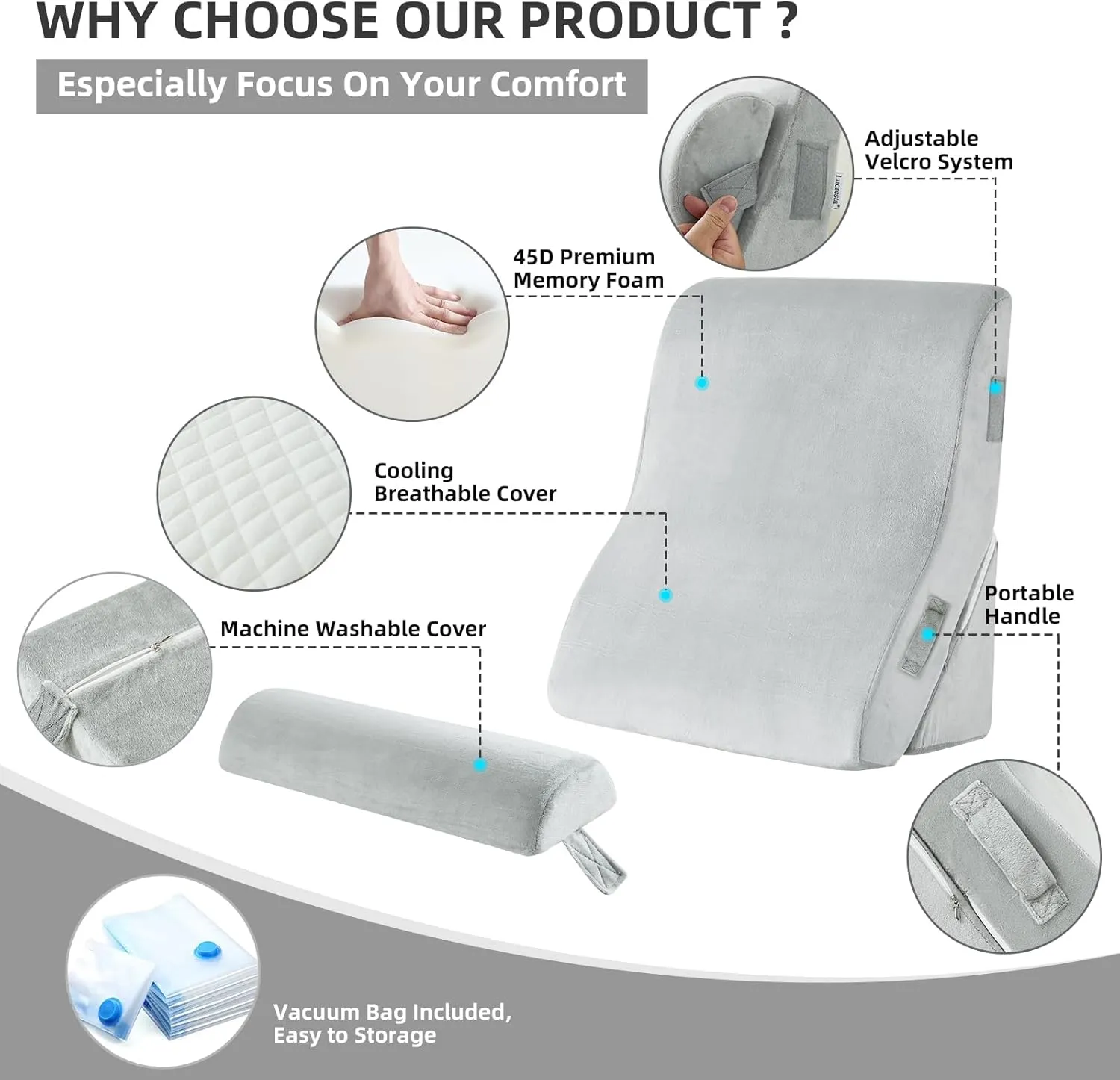 3PCS Orthopedic Bed Wedge Pillow Set, 45D Memory Foam Wedge Pillow Post Surgery for Back, Leg and Knee Support, Wider Adjustable Triangle Pillow Set for Sleeping, Acid Reflux, Anti-Snoring