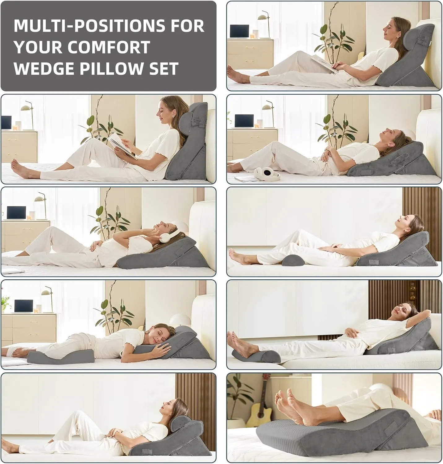 3PCS Orthopedic Bed Wedge Pillow Set, 45D Memory Foam Wedge Pillow Post Surgery for Back, Leg and Knee Support, Wider Adjustable Triangle Pillow Set for Sleeping, Acid Reflux, Anti-Snoring