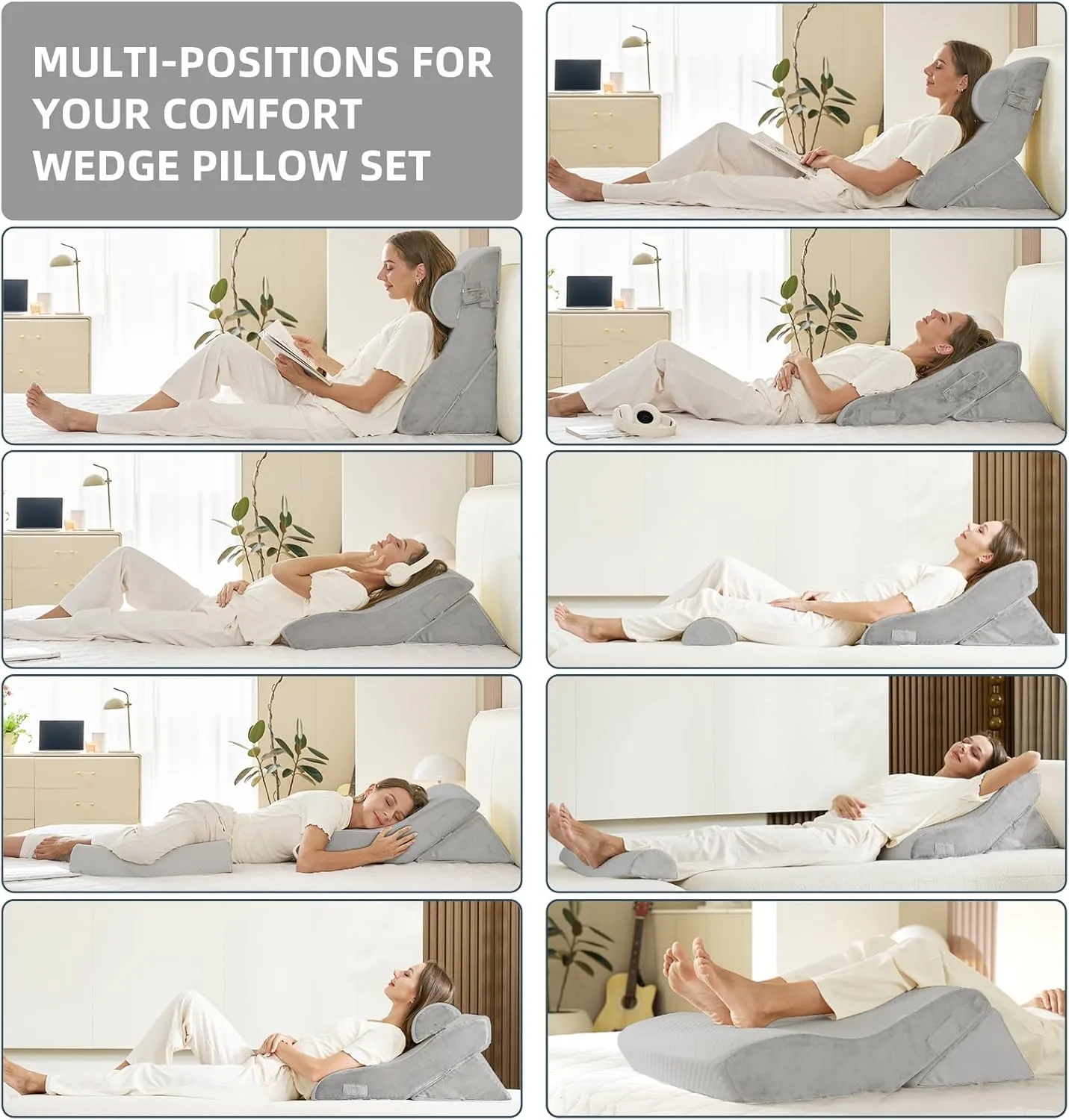3PCS Orthopedic Bed Wedge Pillow Set, 45D Memory Foam Wedge Pillow Post Surgery for Back, Leg and Knee Support, Wider Adjustable Triangle Pillow Set for Sleeping, Acid Reflux, Anti-Snoring