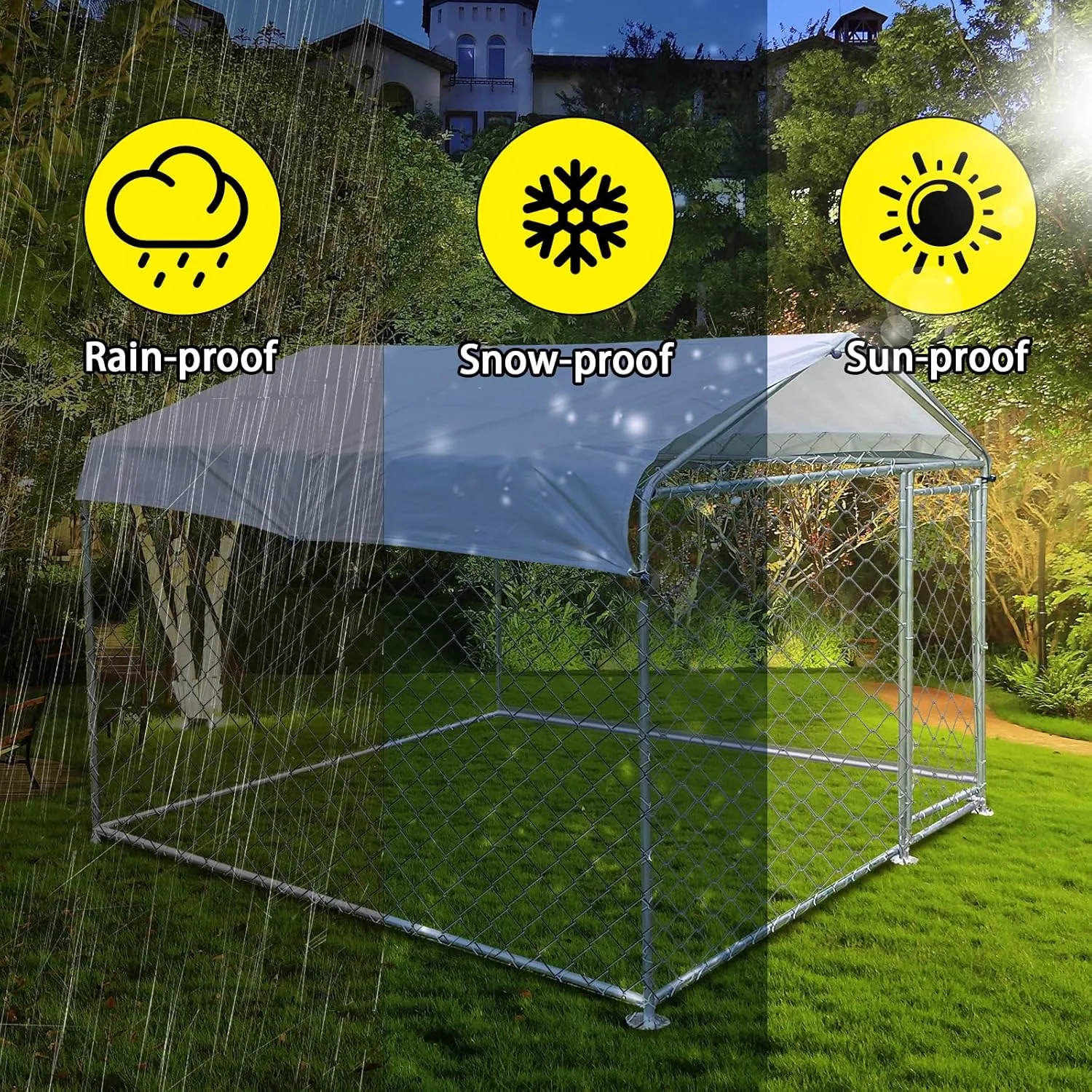 6.6 x 6.6FT Large Outdoor Dog Kennel, Anti-Rust Dog Kennel Outside with Roof, Heavy Duty Chain Link Dog Runs Cage for Outside Backy ard with Waterproof UV-Resistant Cover