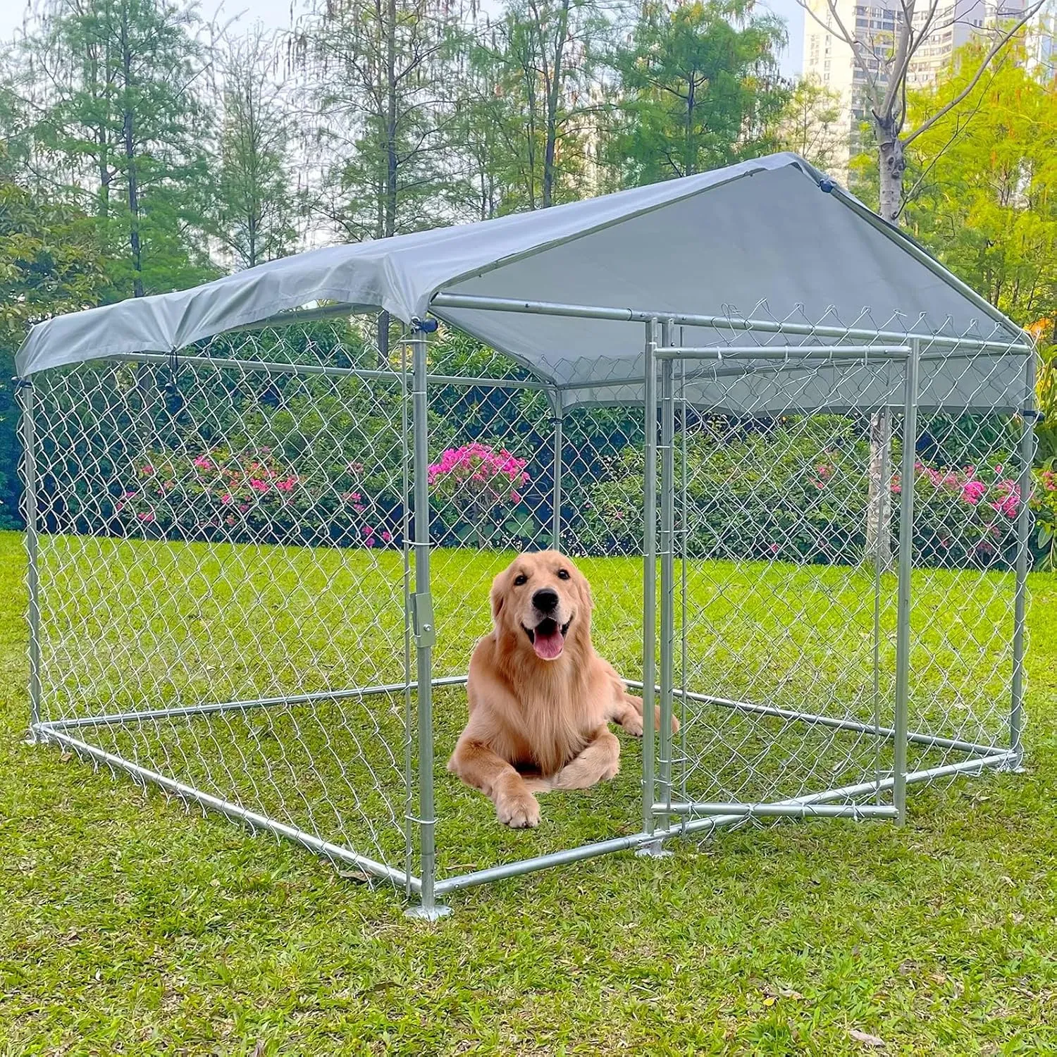 6.6 x 6.6FT Large Outdoor Dog Kennel, Anti-Rust Dog Kennel Outside with Roof, Heavy Duty Chain Link Dog Runs Cage for Outside Backy ard with Waterproof UV-Resistant Cover