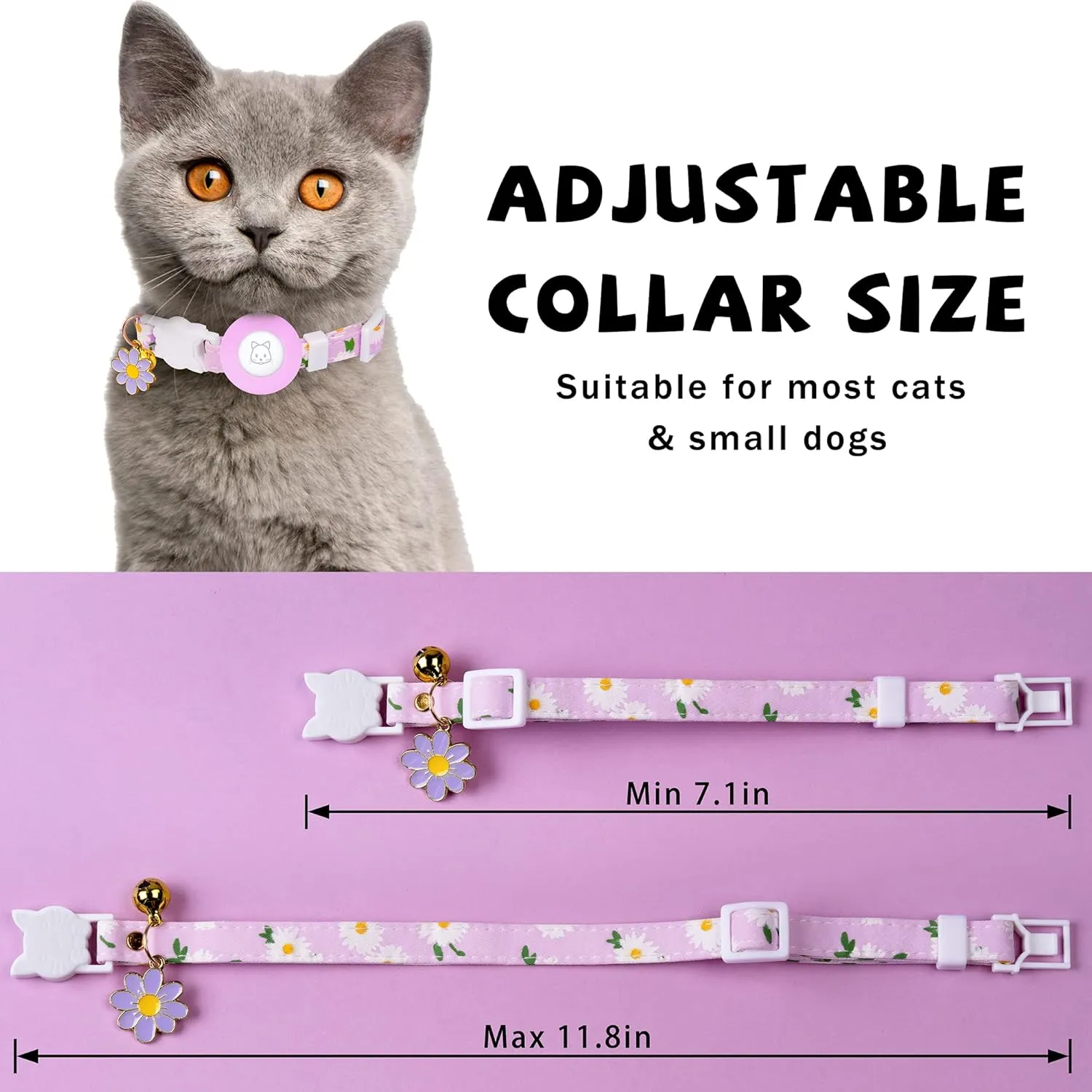 Airtag Cat Collar, JXFUKAL Kitten Collar Breakaway with Silicone Airtag Holder, Bells & Flower Charm for Girl Cats Boy Cats Small Dogs(Purple)