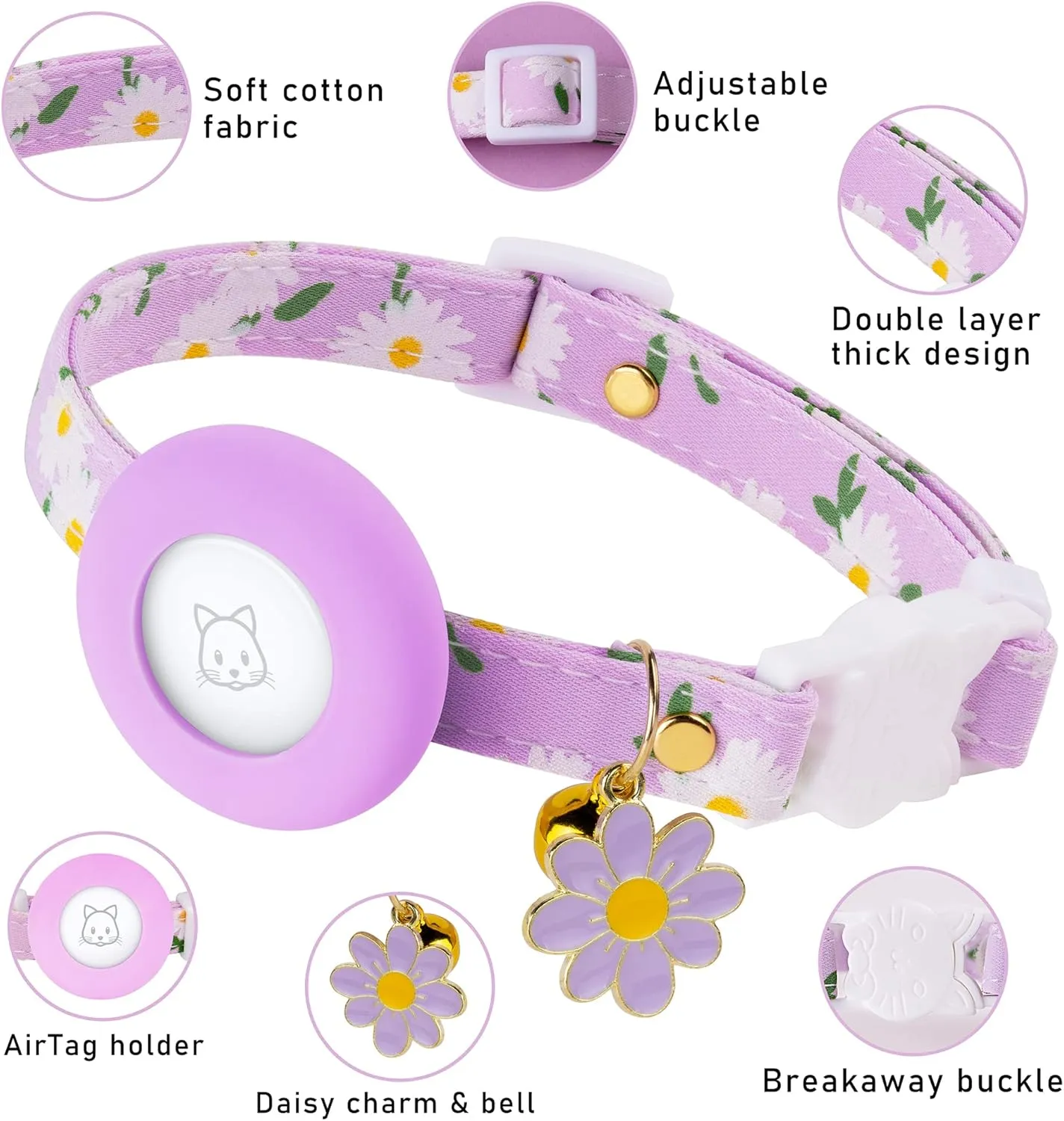 Airtag Cat Collar, JXFUKAL Kitten Collar Breakaway with Silicone Airtag Holder, Bells & Flower Charm for Girl Cats Boy Cats Small Dogs(Purple)