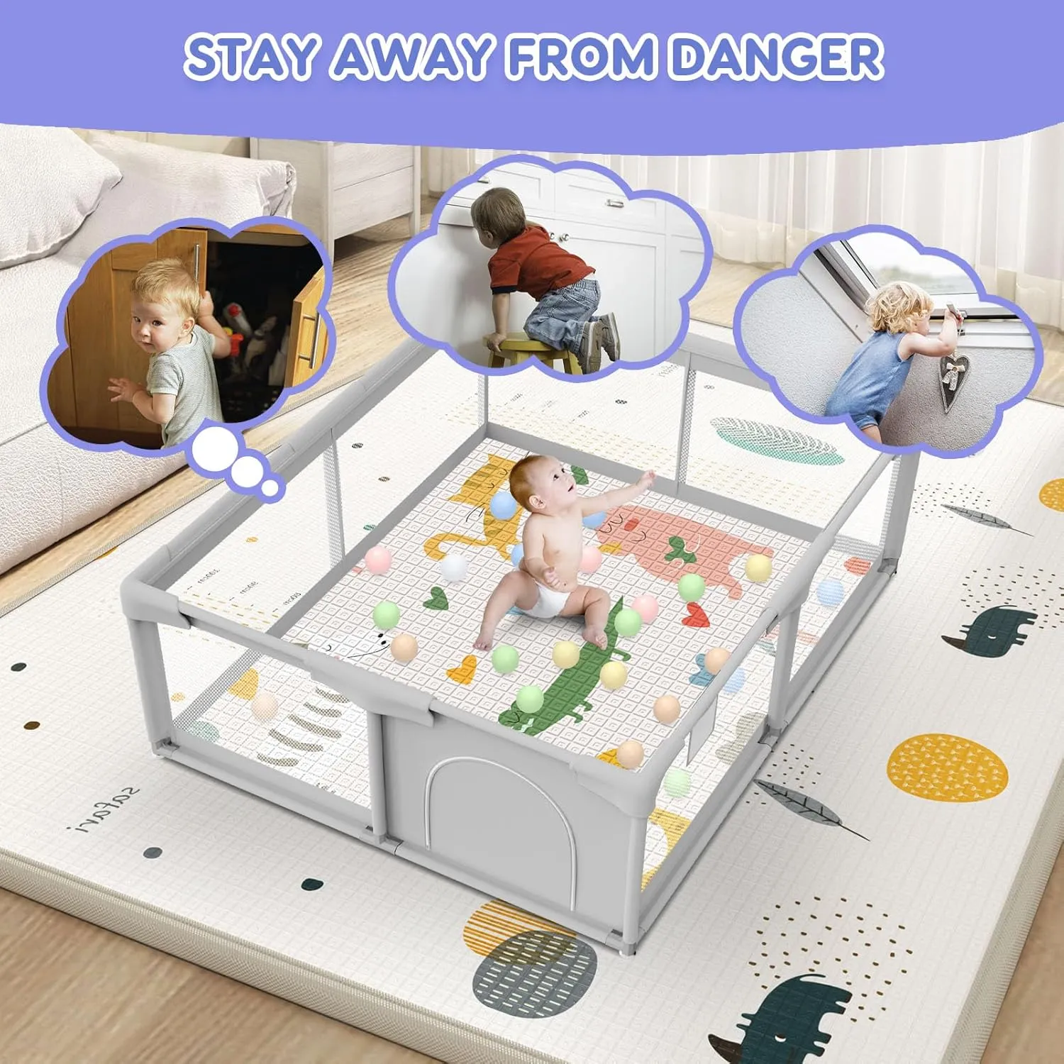 Baby Playpen 50x50 Inch Baby Playpen with Mat, Play Pen for Babies and Toddlers, Playard with Gate, Sturdy Safety Fence, Indoor & Outdoor Kids Activity Center