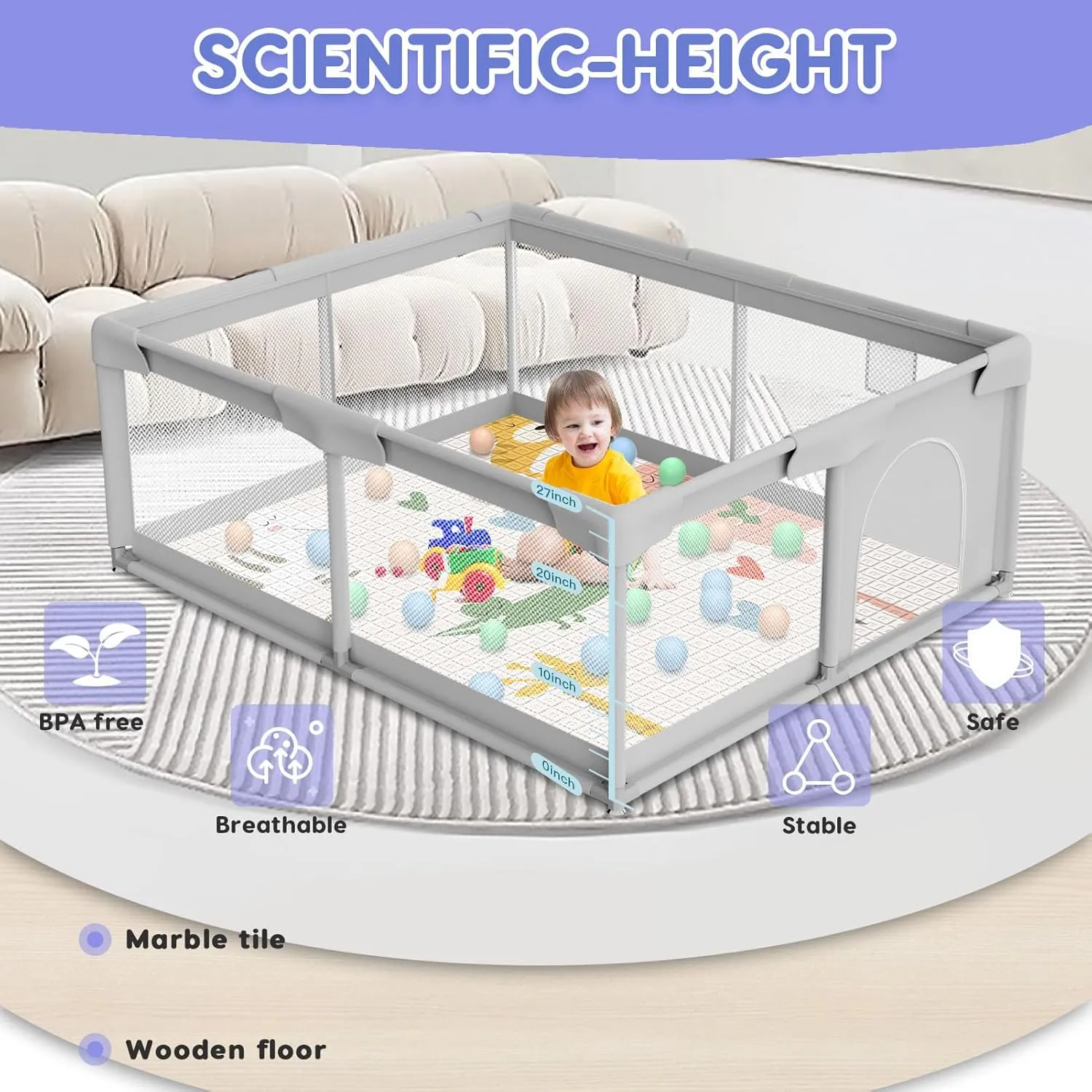 Baby Playpen 50x50 Inch Baby Playpen with Mat, Play Pen for Babies and Toddlers, Playard with Gate, Sturdy Safety Fence, Indoor & Outdoor Kids Activity Center