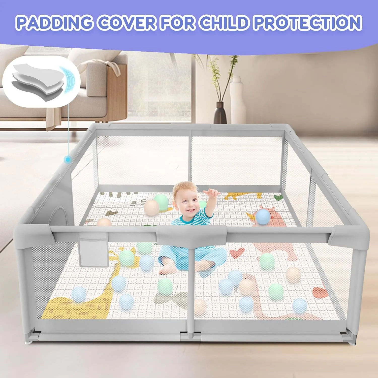 Baby Playpen 50x50 Inch Baby Playpen with Mat, Play Pen for Babies and Toddlers, Playard with Gate, Sturdy Safety Fence, Indoor & Outdoor Kids Activity Center