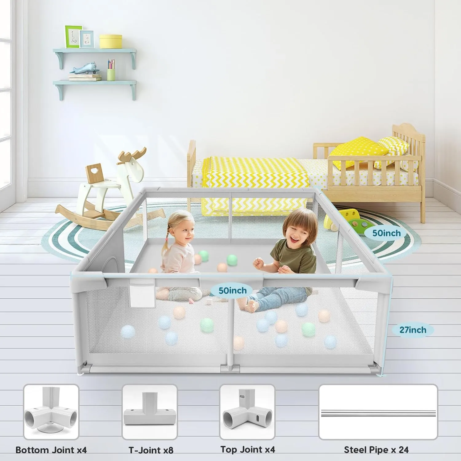 Baby Playpen Baby Playard, Play Pen for Babies and Toddlers with Gate, 50x50 Fence, Sturdy Safety Playpen, Indoor & Outdoor Kids Activity Center