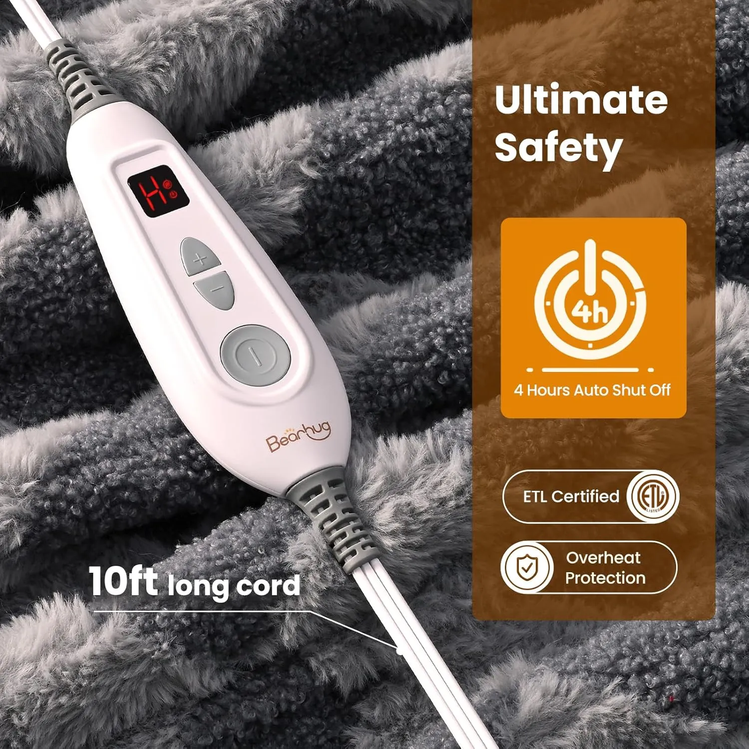Bearhug Heated Throw Blanket 50"  60", Electric Blanket Gray Teddy Faux Fur & Warm Sherpa, 4h Auto-Off Timer& 6 Heating Levels, Reversible Heated Throw, ETL Certified, Machine Washable, Gift Box