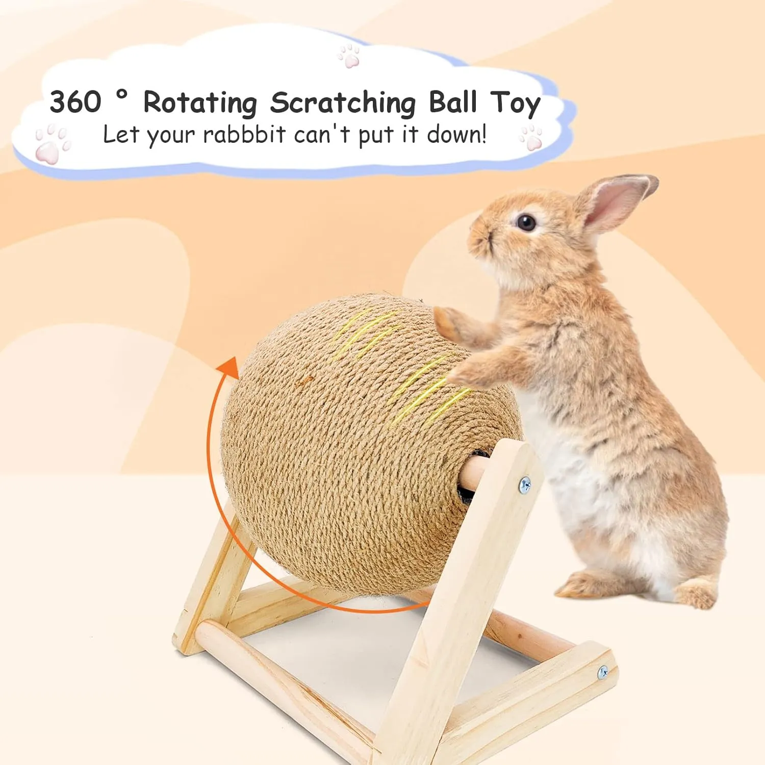 BNOSDM Rabbit Scratch Toy Wooden Natural Sisal Rope Rabbit Scratching Toy Ball Bunny Scratcher with Ball for Rabbits Bunnies Ferrets Kittens Small Animals (Medium)