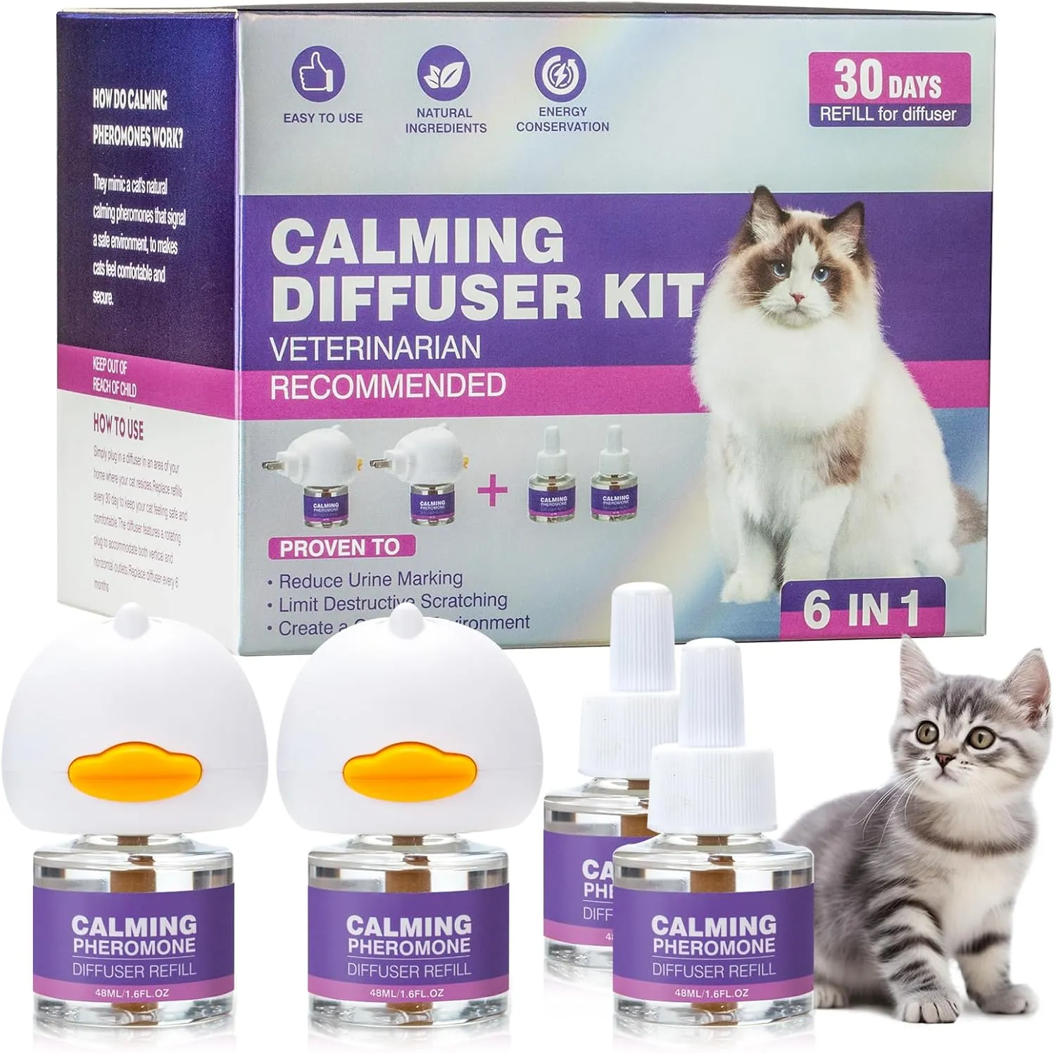 Cat Calming Pheromone Diffuser Effectively Relieve Anxiety Stress Cat Calming Diffuser Comfort for Cats Spraying and Scratching Calm Relaxing 48ml/Bottle Fits All Cats
