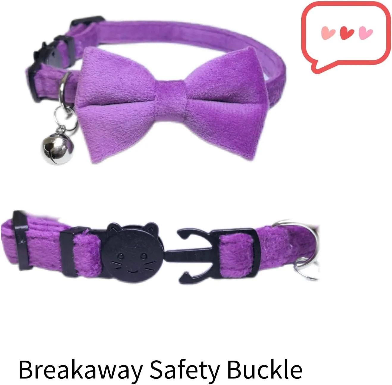 Cat Collar with Bells, Bow Tie Removable, Breakaway Safety Buckle, Soft Velvet Cute, Adjustable for Girl Boy Kitty Kitten Small Pets, 7"-11", Purple