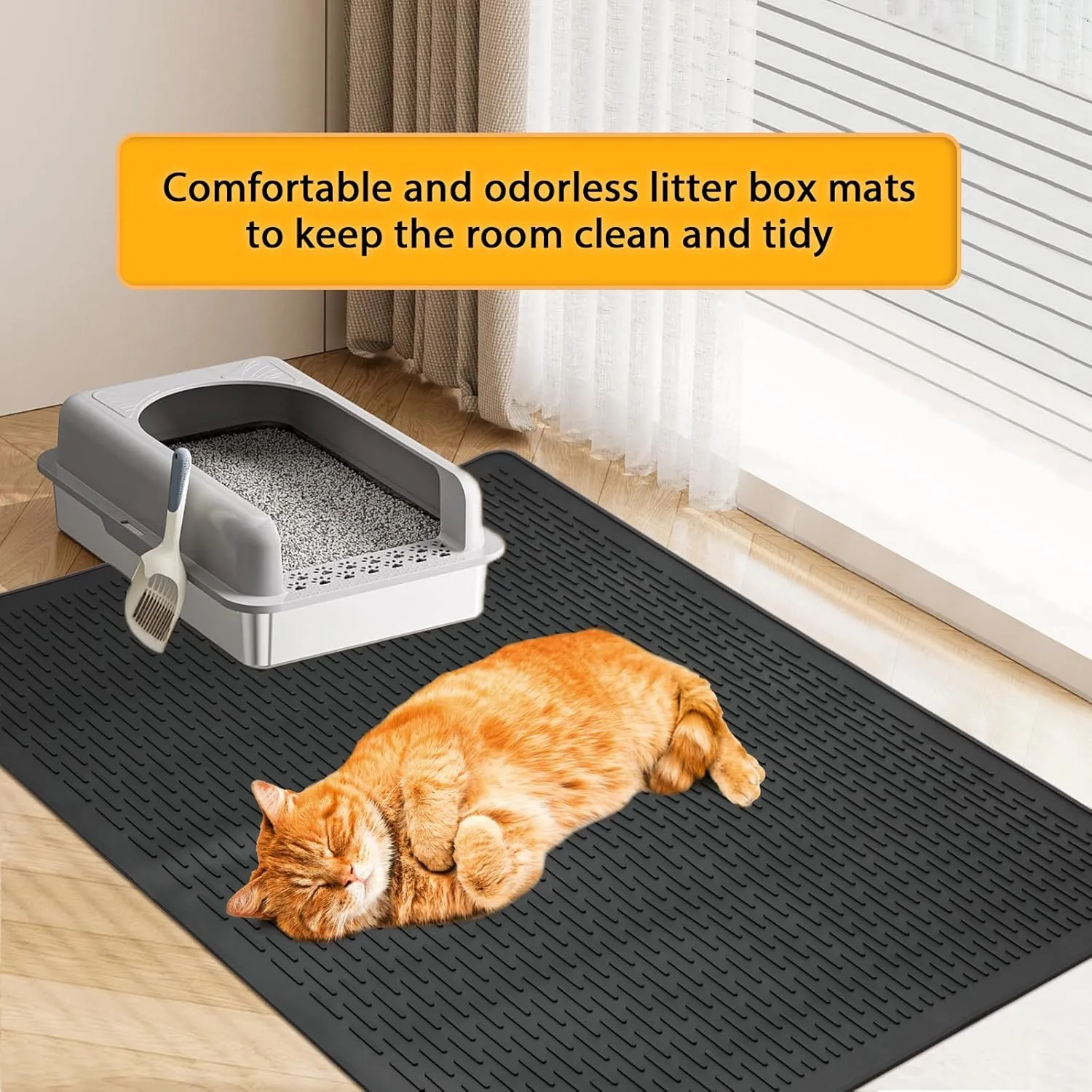 Cat Litter Mat,39x27in Waterproof Litter Mat, Large Rubber Litter Box Mat Easy to Clean,Washable Soft Cat Litters Mat Litter Trapping Matt,Indoor Floor XL Kitty Litters Mats-Black