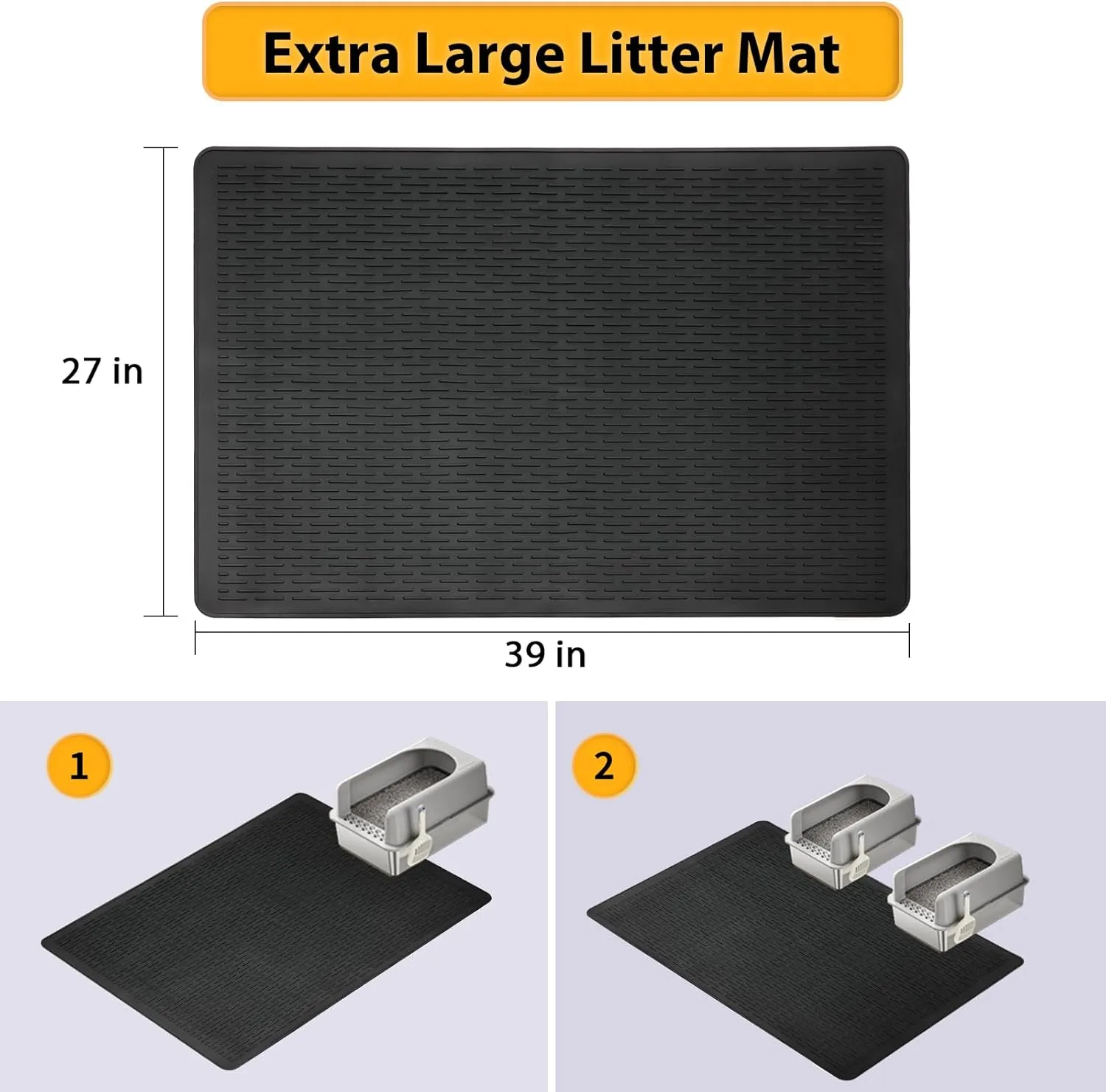 Cat Litter Mat,39x27in Waterproof Litter Mat, Large Rubber Litter Box Mat Easy to Clean,Washable Soft Cat Litters Mat Litter Trapping Matt,Indoor Floor XL Kitty Litters Mats-Black