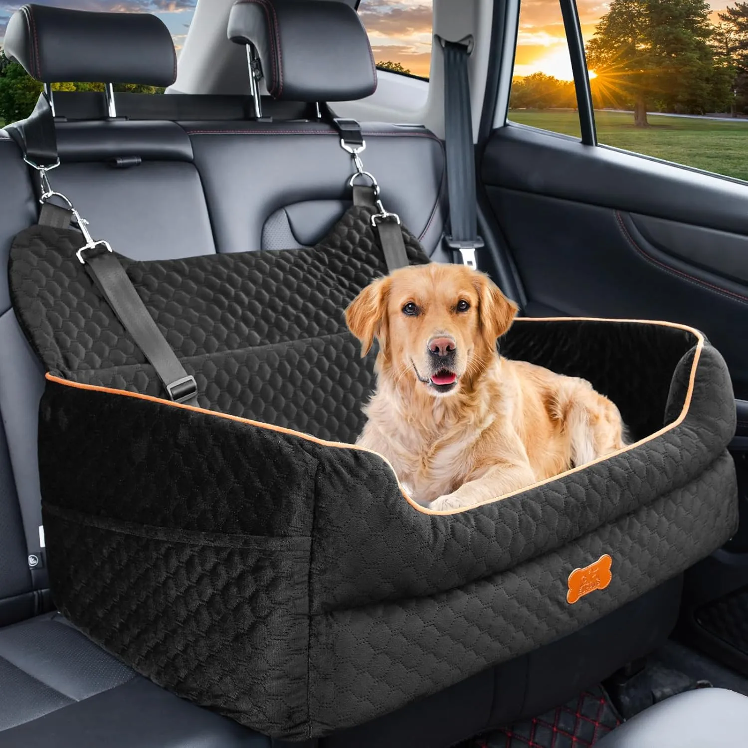 Dog Car Seat for Large/Medium Dogs - Memory Foam Dog Booster Seat for Under 55Lbs or 2 Small Dogs-Detachable and Washable Travel Bed with Thick Cushion and Storage Pockets-Black