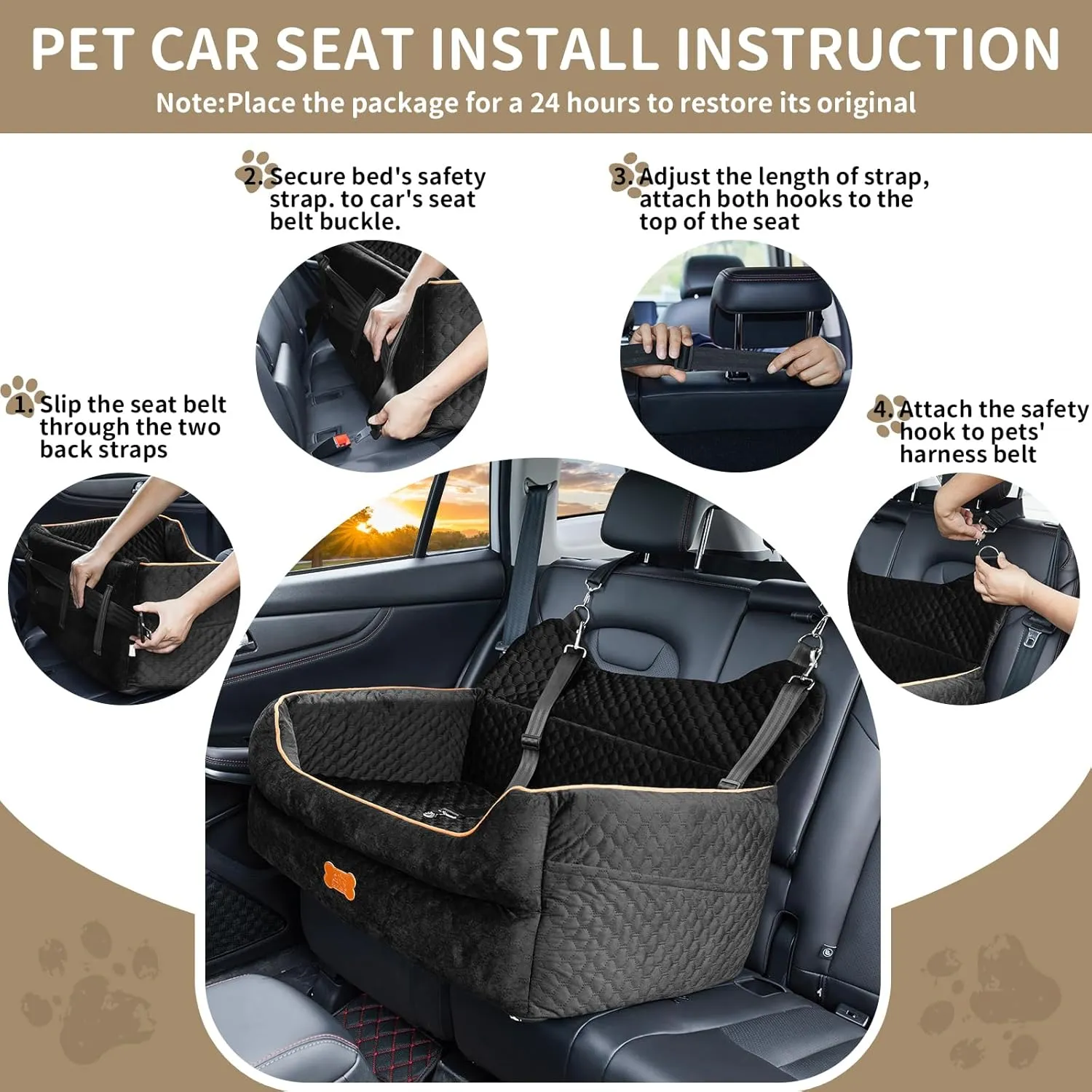 Dog Car Seat for Large/Medium Dogs - Memory Foam Dog Booster Seat for Under 55Lbs or 2 Small Dogs-Detachable and Washable Travel Bed with Thick Cushion and Storage Pockets-Black
