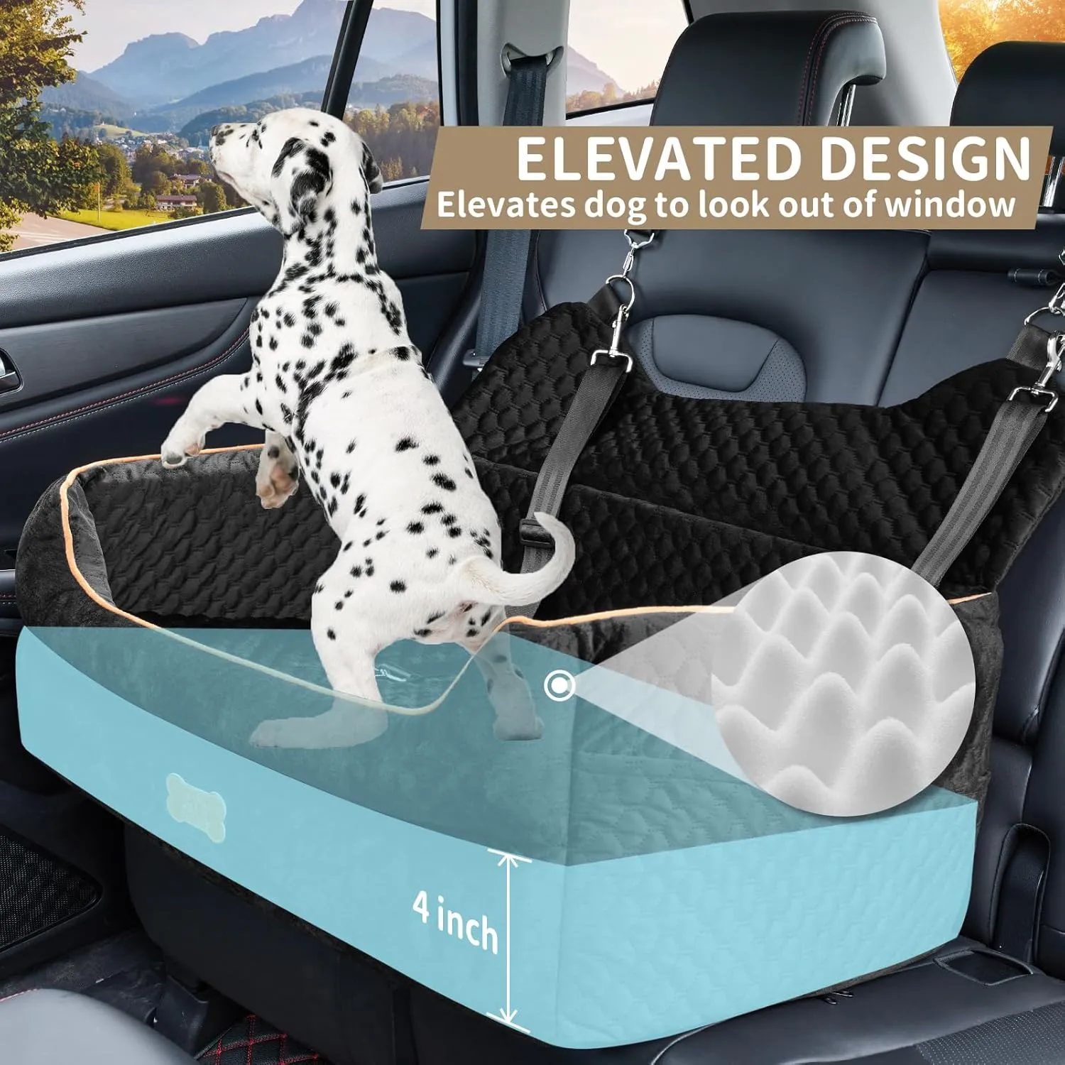 Dog Car Seat for Large/Medium Dogs - Memory Foam Dog Booster Seat for Under 55Lbs or 2 Small Dogs-Detachable and Washable Travel Bed with Thick Cushion and Storage Pockets-Black