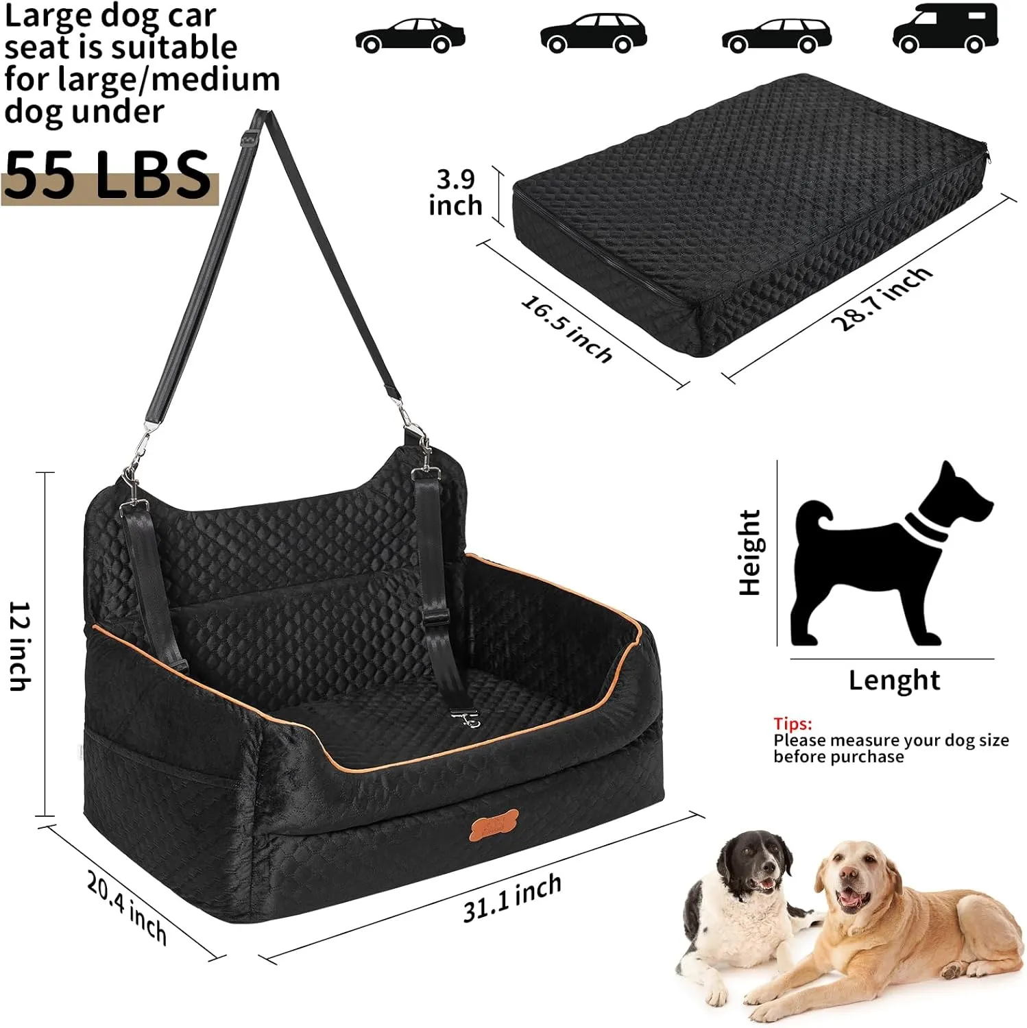 Dog Car Seat for Large/Medium Dogs - Memory Foam Dog Booster Seat for Under 55Lbs or 2 Small Dogs-Detachable and Washable Travel Bed with Thick Cushion and Storage Pockets-Black