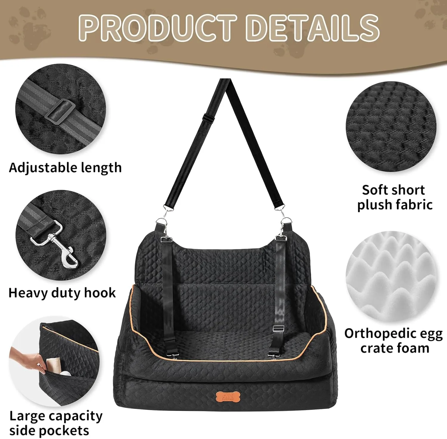 Dog Car Seat for Large/Medium Dogs - Memory Foam Dog Booster Seat for Under 55Lbs or 2 Small Dogs-Detachable and Washable Travel Bed with Thick Cushion and Storage Pockets-Black