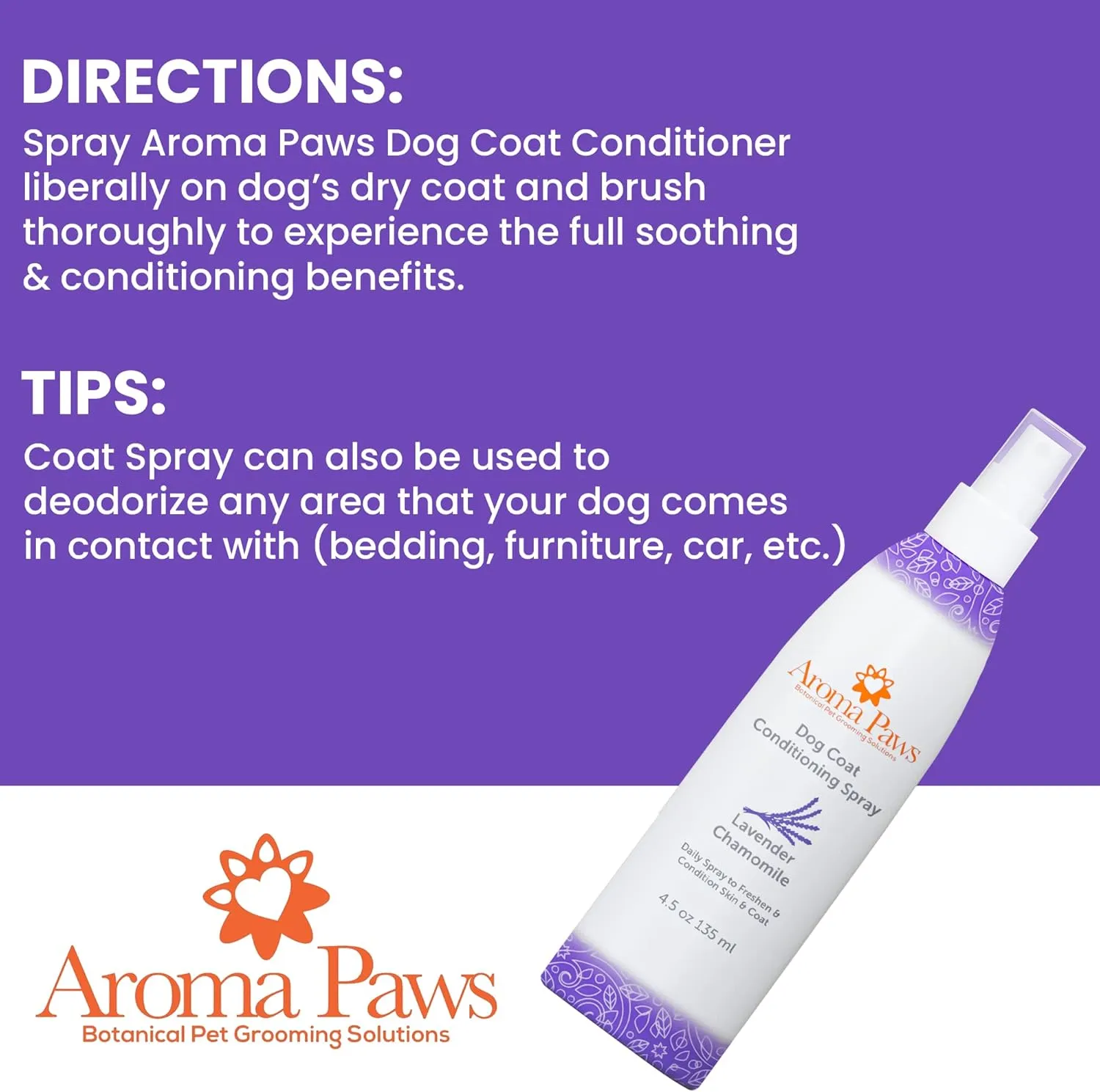 Dog Coat Conditioning Spray - Pet-Friendly Detangler Spray with Natural Essential Oils for Dogs - Daily Dog Spray to Eliminate Odors and Knots - Lavender Chamomile 4.5 oz.