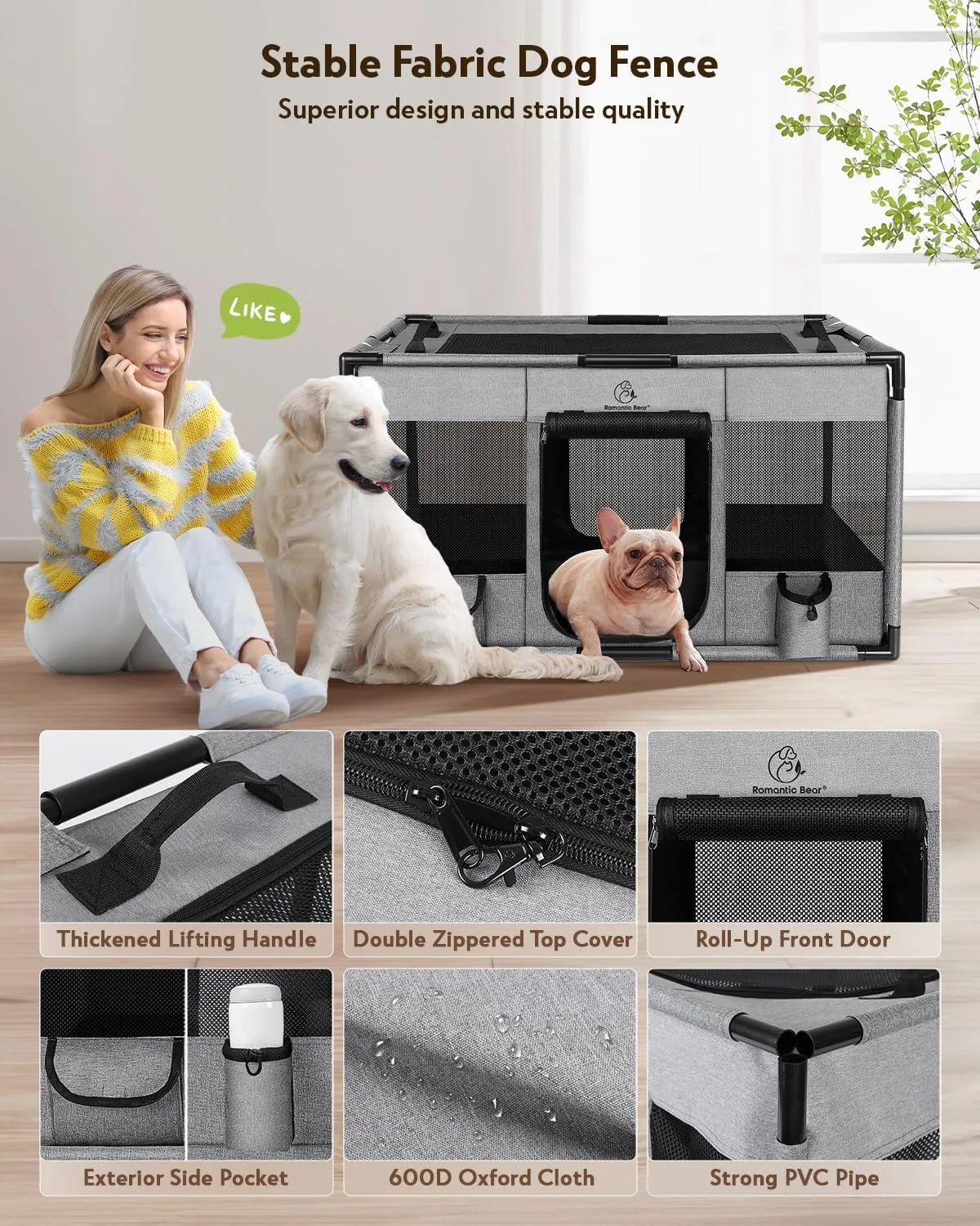 Dog Playpen,Fabric Fence, Portable Soft Cat Kennel Crate,Breathable Exercise Puppy Pen,PVC Pipe Frame,Indoor Outdoor Cage for Large/Medium/Small Animals with Carrying Case(L)