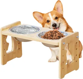 Elevated Dog Bowls, Bamboo Adjustable Raised Dog Bowl Stand for Small Size Dogs & Cats, Pet Elevated Bowl Cat Feeder with 2 Stainless Steel Bowls, 33 x 16.2 x 19.5 cm
