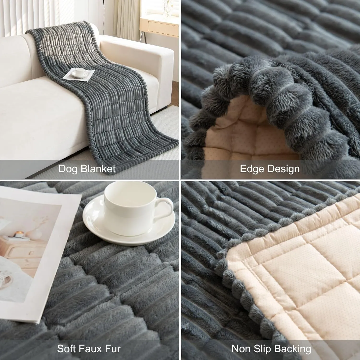 Faux Fur Plush Dog Couch Cover 3D Stripe Fuzzy Sofa Cover Non-Slip Fluffy Dog Bed Cover Pet Blanket Sofa Couch Furniture Protector for Puppy Large Dog Cat (Dark Grey,28"x59")