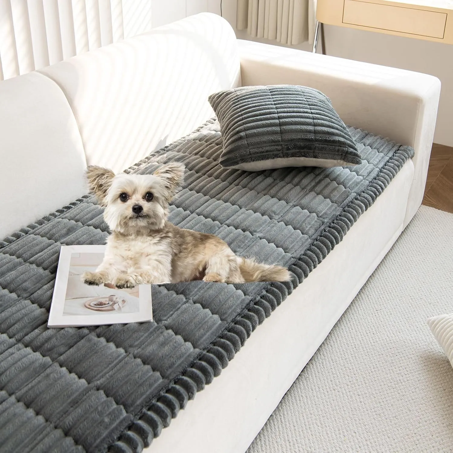 Faux Fur Plush Dog Couch Cover 3D Stripe Fuzzy Sofa Cover Non-Slip Fluffy Dog Bed Cover Pet Blanket Sofa Couch Furniture Protector for Puppy Large Dog Cat (Dark Grey,28"x59")