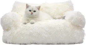 Fluffy Pet Couch Bed, Washable Cat Bed for Indoor Cats, Calming Cat Couch, Pet Sofa Bed Puppy Sleeping Bed, Dog Couch for Medium Small Dogs & Cats up to 20lbs, Beige, Large