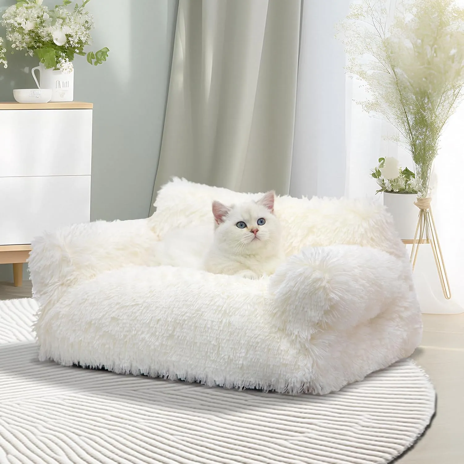 Fluffy Pet Couch Bed, Washable Cat Bed for Indoor Cats, Calming Cat Couch, Pet Sofa Bed Puppy Sleeping Bed, Dog Couch for Medium Small Dogs & Cats up to 20lbs, Beige, Large