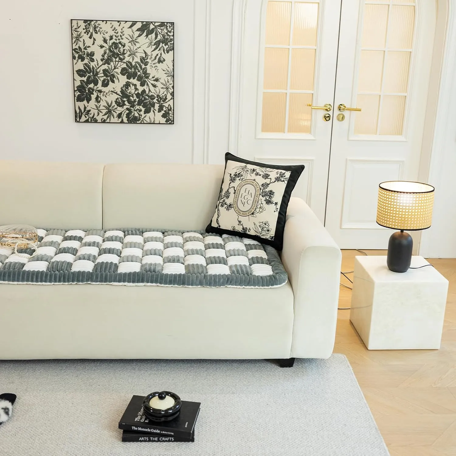 Funny Magic Sofa Cover, Fuzzy Waterproof Couch Cover for Dogs, Plaid Cream-Coloured Large Square Pet Mat, Bed Tatami Mat
