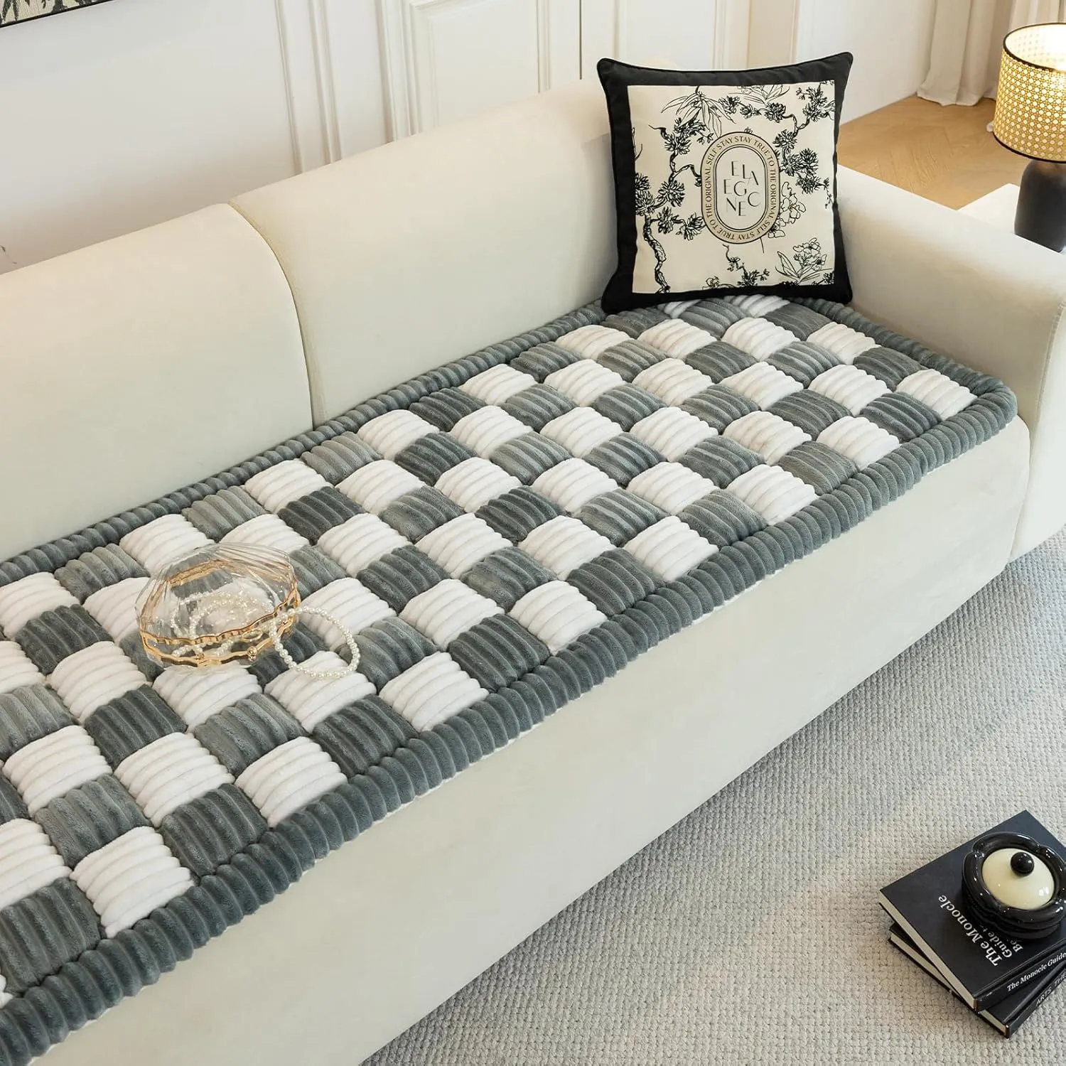 Funny Magic Sofa Cover, Fuzzy Waterproof Couch Cover for Dogs, Plaid Cream-Coloured Large Square Pet Mat, Bed Tatami Mat