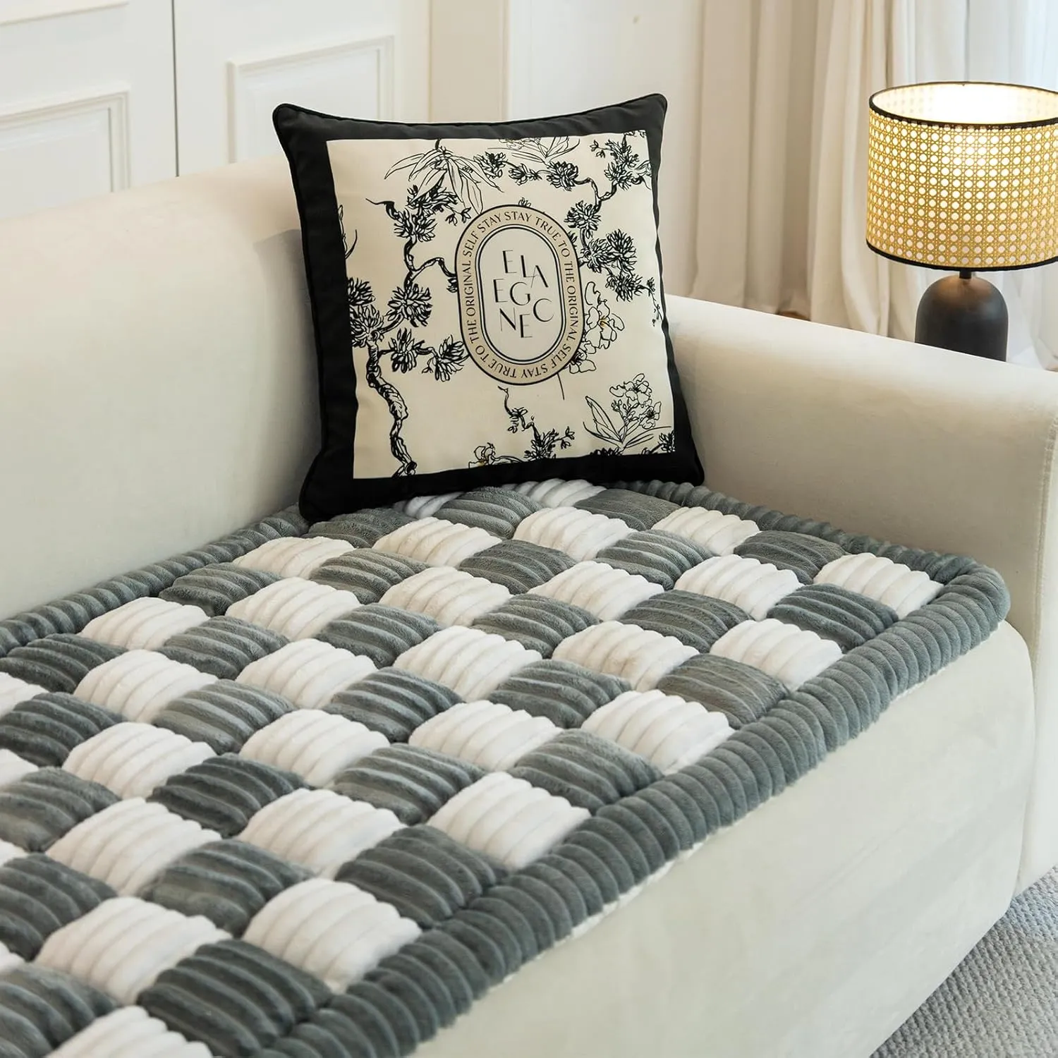 Funny Magic Sofa Cover, Fuzzy Waterproof Couch Cover for Dogs, Plaid Cream-Coloured Large Square Pet Mat, Bed Tatami Mat