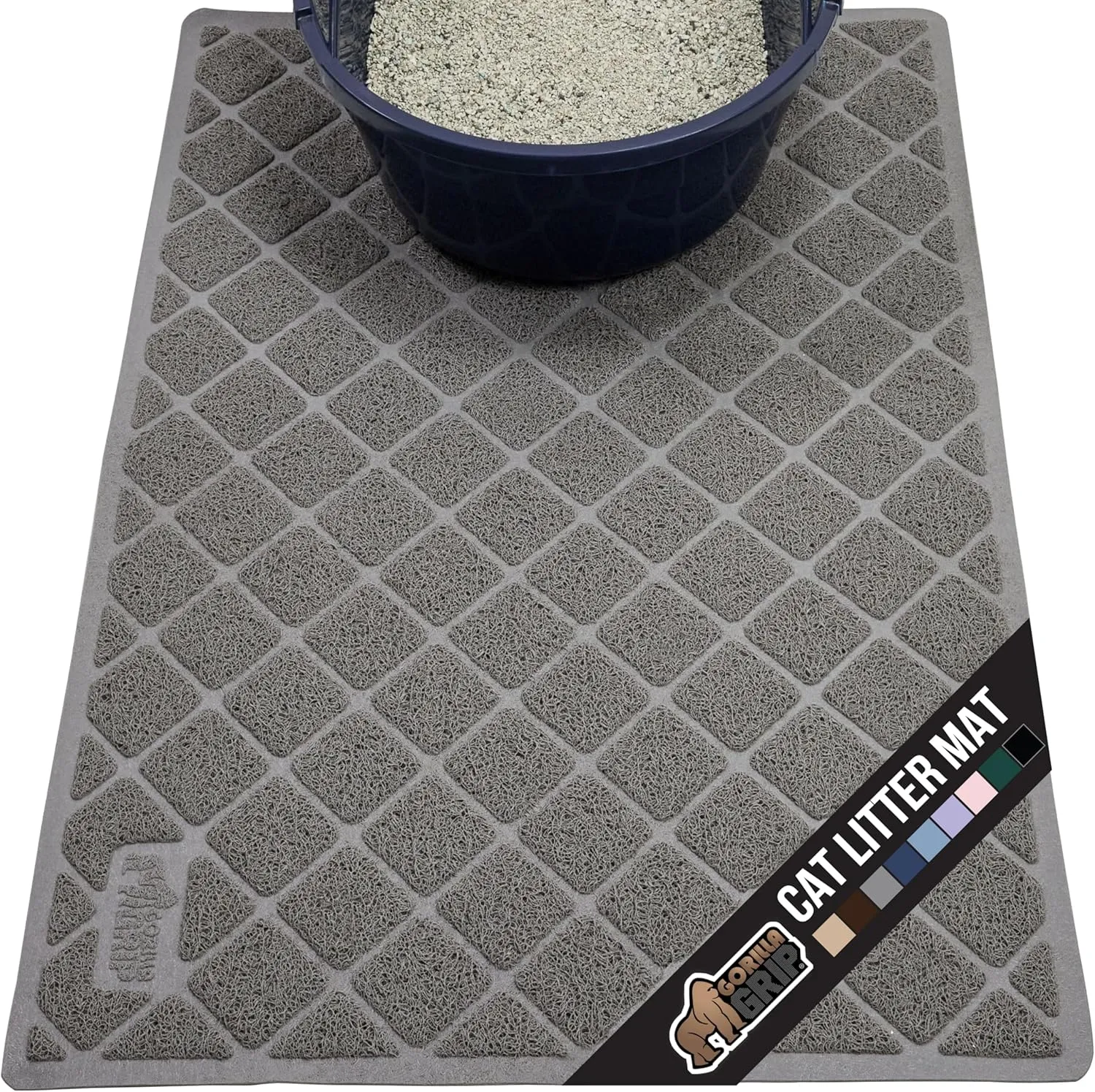 GORILLA GRIP Cat Litter Box Mat, 35x23, Water Resistant Kitty Litter Trapping Mat, Textured Backing, Easy to Clean, Less Waste and Clean Floors, Kitten Supplies for Indoor Cats, Soft on Paws, Gray
