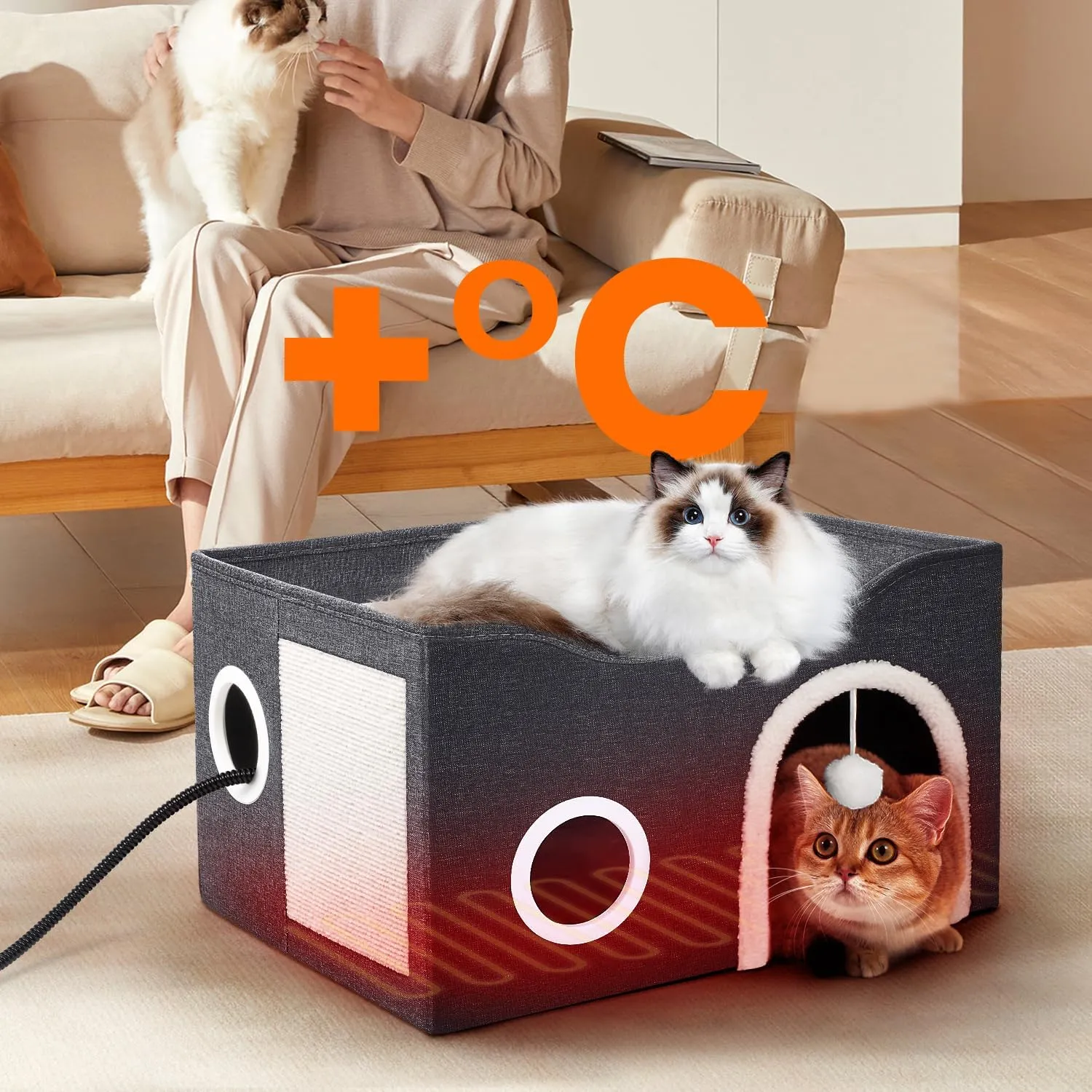 Indoor Heated Cat House, Adjustable Temperature Cat Heating Bed with Timer and Chew Resistant Cord, Large Cat House with Heating Pad for Small Medium and Large Cats