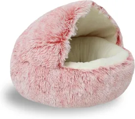 LELEBEAR Lapcatz Nest Bed, Round Plushy Fluffy Pet Bed, Calming Dog Cat Bed with Hooded Cover, Anti-Slip & Washable Cat Bed for Small and Medium Dogs Cats (Pink Short Plush, S (15.7in))