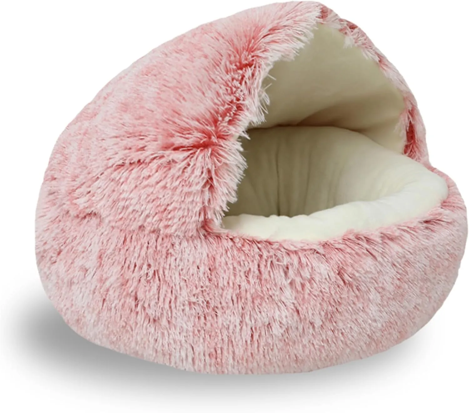 LELEBEAR Lapcatz Nest Bed, Round Plushy Fluffy Pet Bed, Calming Dog Cat Bed with Hooded Cover, Anti-Slip & Washable Cat Bed for Small and Medium Dogs Cats (Pink Short Plush, S (15.7in))