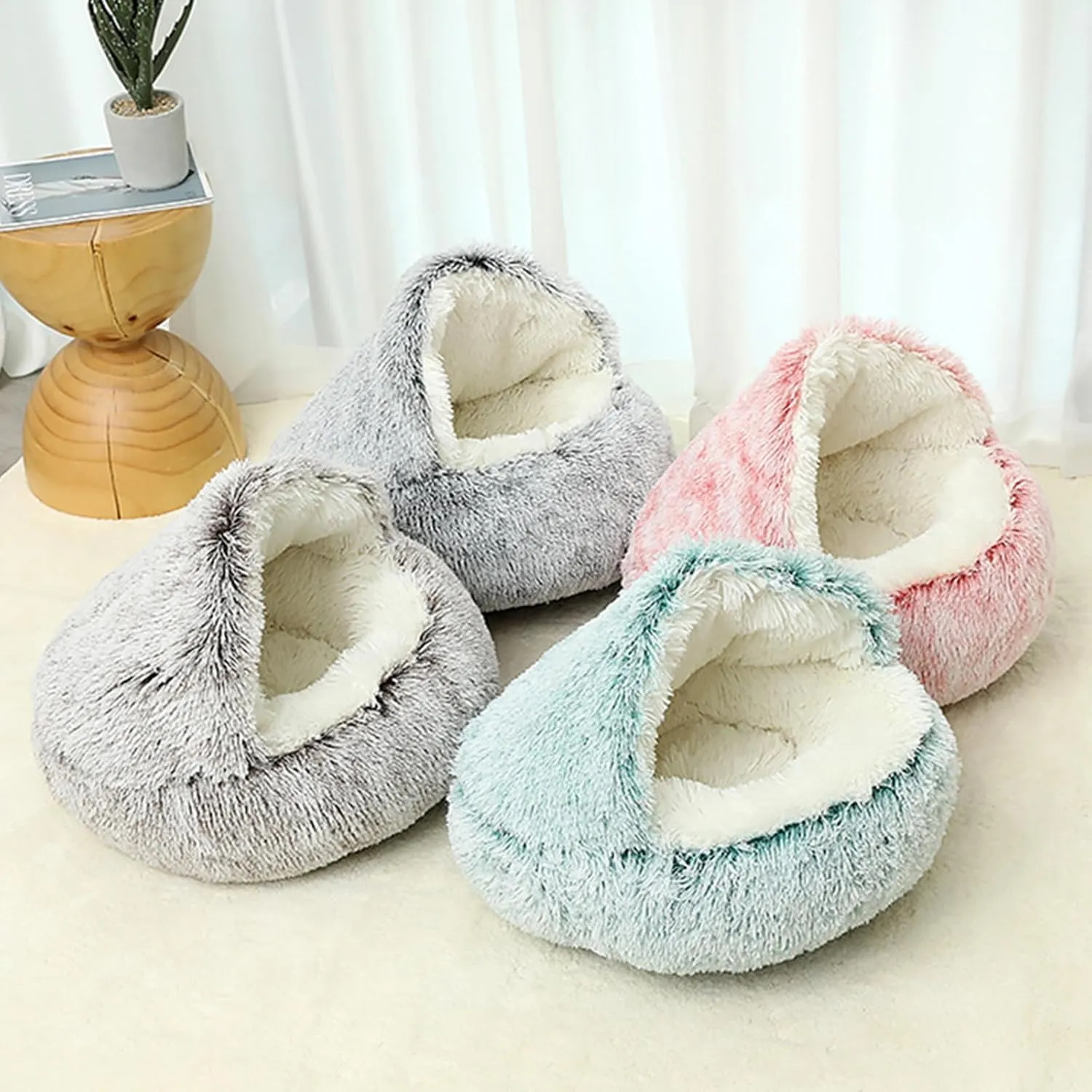 LELEBEAR Lapcatz Nest Bed, Round Plushy Fluffy Pet Bed, Calming Dog Cat Bed with Hooded Cover, Anti-Slip & Washable Cat Bed for Small and Medium Dogs Cats (Pink Short Plush, S (15.7in))