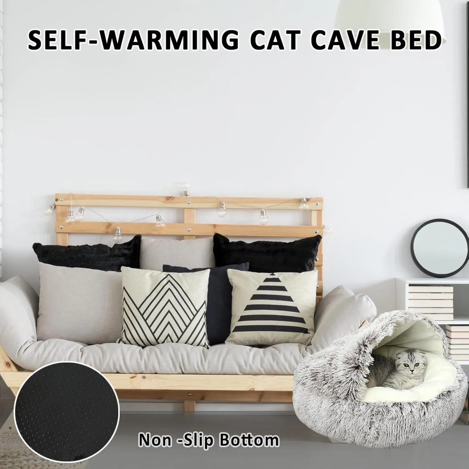 LELEBEAR Lapcatz Nest Bed, Round Plushy Fluffy Pet Bed, Calming Dog Cat Bed with Hooded Cover, Anti-Slip & Washable Cat Bed for Small and Medium Dogs Cats (Pink Short Plush, S (15.7in))