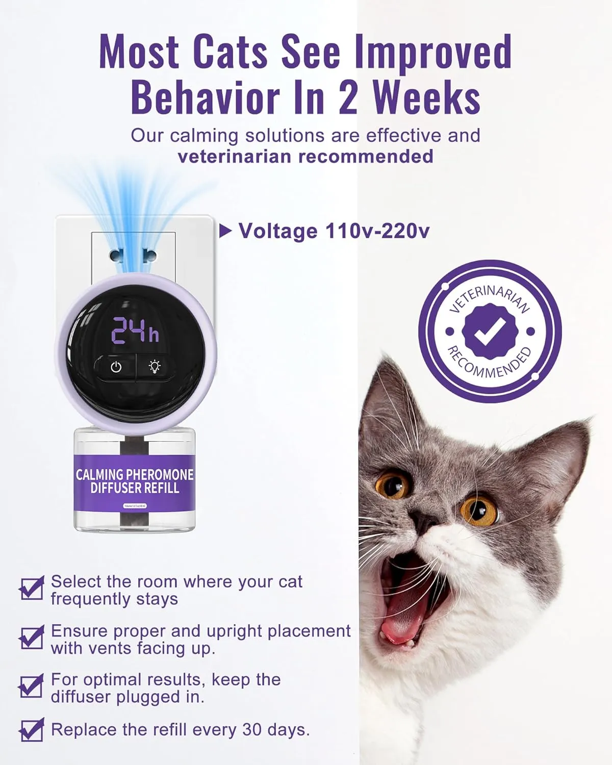 Lesotc Cat Pheromones Calming Diffuser Effectively Relieve Anxiety Stress Cat Calming Diffuser Multicat Pheromones Diffuser Refill Reduce Fighting Spraying and Scratching Calm Relaxing Fits All Cats