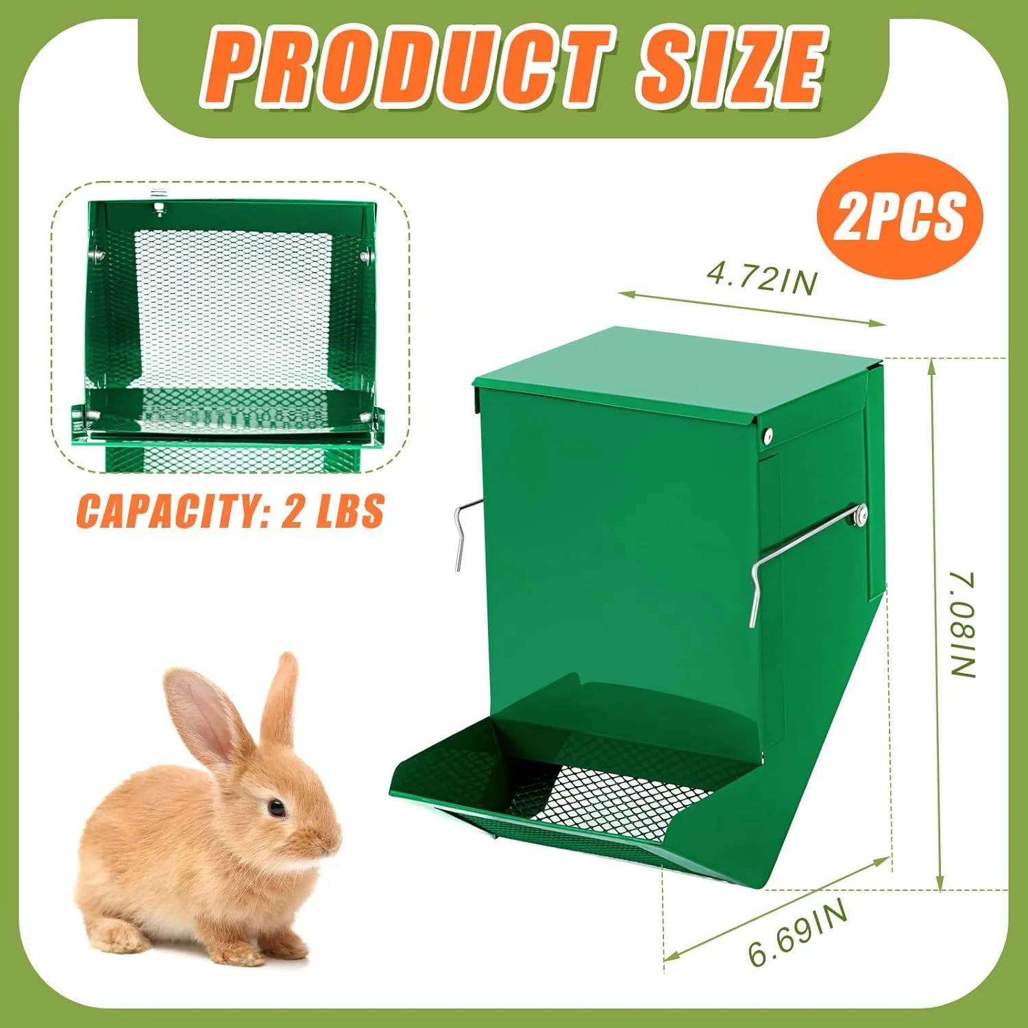 Maxcheck 2 Pcs Rabbit Feeder for Cages Small Animal Food Dispenser with Lid Metal Rabbit Feeders Outside for Guinea Pig(4.7 Inches)