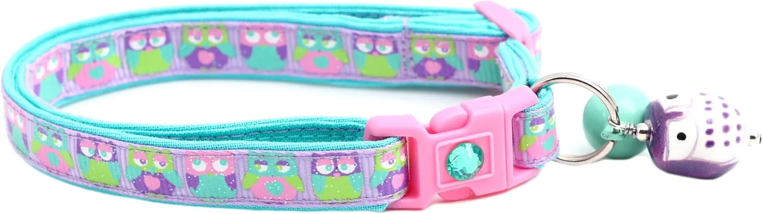 Owl Cat Collar with Bell | Safety Breakaway Collar | Adjustable Large Size or Kitten Collar (Purple/Aqua, Large(10lbs & Up))