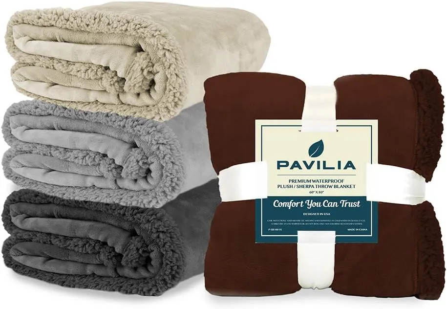 PAVILIA Waterproof Blanket for Couch, Sofa | Waterproof Dog Blanket for Large Dog, Puppy, Cat | Pet Blanket Protector | Plush Soft Warm Fuzzy Sherpa Blanket Bed Throw, Dark Grey, 90x90
