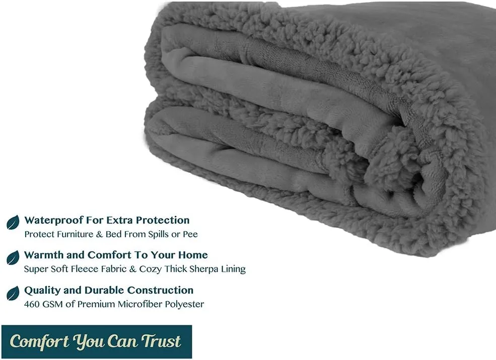 PAVILIA Waterproof Blanket for Couch, Sofa | Waterproof Dog Blanket for Large Dog, Puppy, Cat | Pet Blanket Protector | Plush Soft Warm Fuzzy Sherpa Blanket Bed Throw, Dark Grey, 90x90