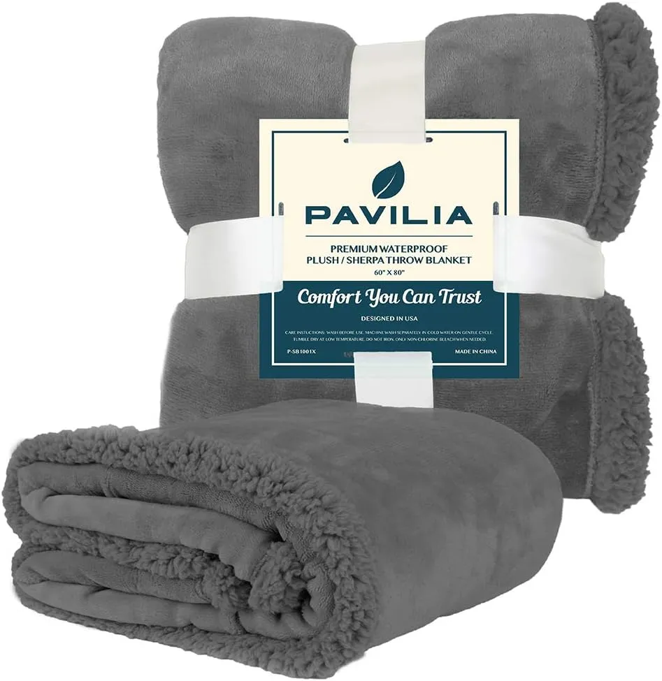 PAVILIA Waterproof Blanket for Couch, Sofa | Waterproof Dog Blanket for Large Dog, Puppy, Cat | Pet Blanket Protector | Plush Soft Warm Fuzzy Sherpa Blanket Bed Throw, Dark Grey, 90x90