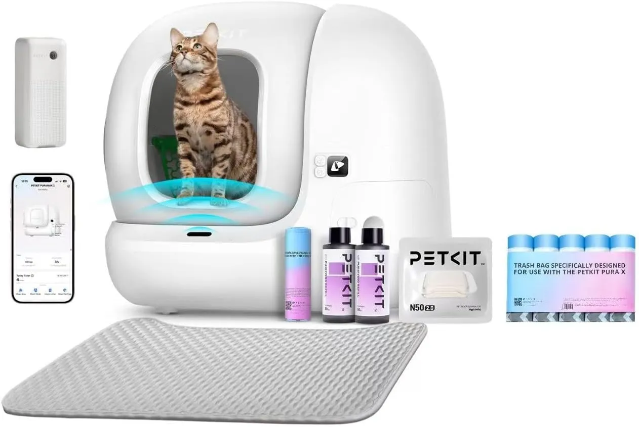 PETKIT New Update PuraMax 2 Self Cleaning Cat Litter Box with 5 Rolls Waste Bags, Automatic Cat Litter Box for Multiple Cats Includes K3 Smart Air Purifier Spray and N50 2.0 Odor Eliminator