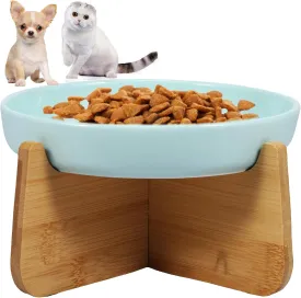Raised Slow Feeder Cat Bowl, Elevated Cat Bowls with Wood Stand, Ceramic Cat Feeding Bowl Anti Vomiting Cat Food Bowl, Interactive Bloat Stop Cat Feeder, Improves Digestion Pet Bowl (Light Green)